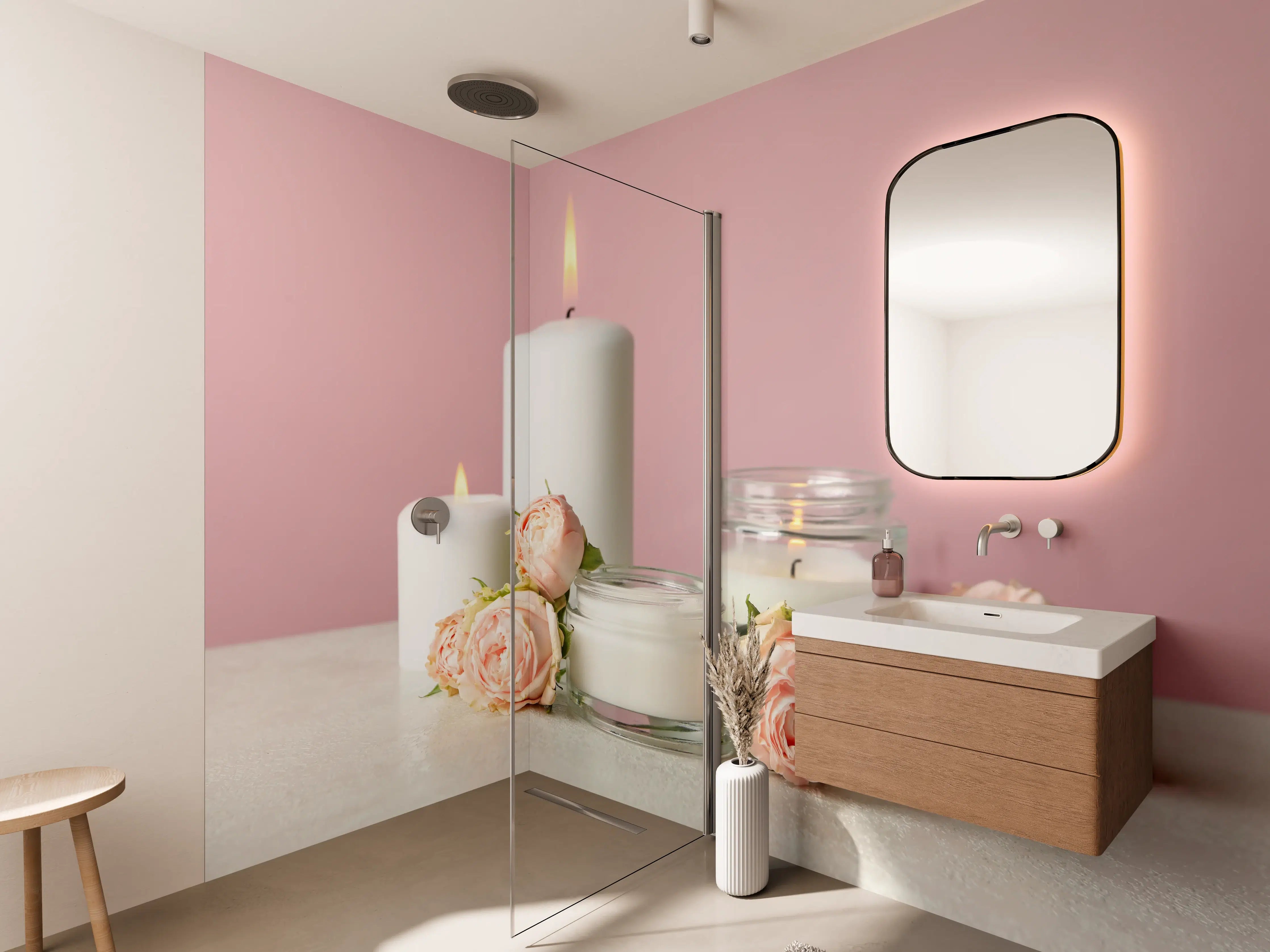 Wandverkleidung Bad - Duftkerzen und Rosen auf weißem Tisch