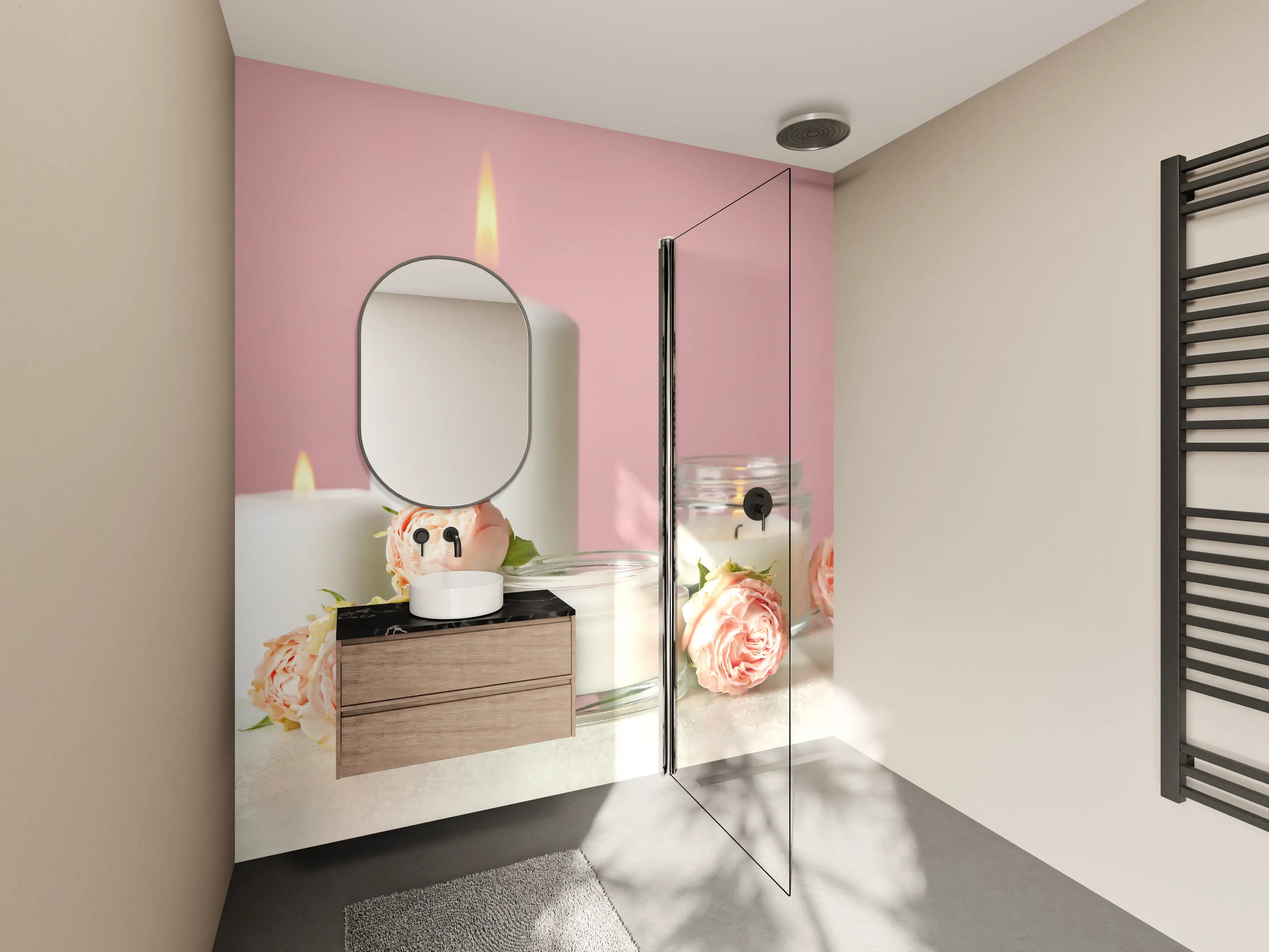 Wandverkleidung Bad - Duftkerzen und Rosen auf weißem Tisch
