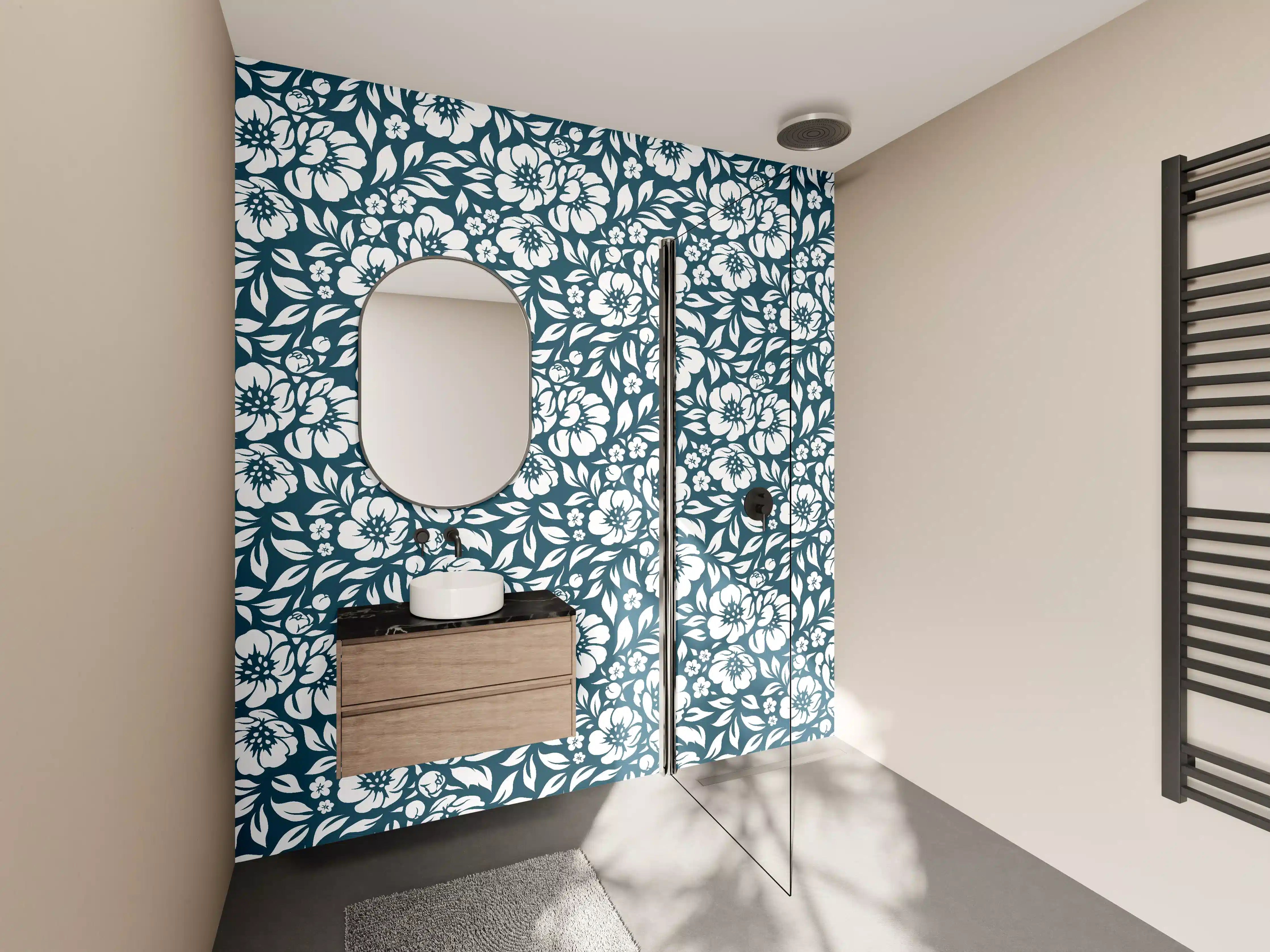 Wandverkleidung Bad - Dunkelblaues Blumenmuster mit Weiß-Detail