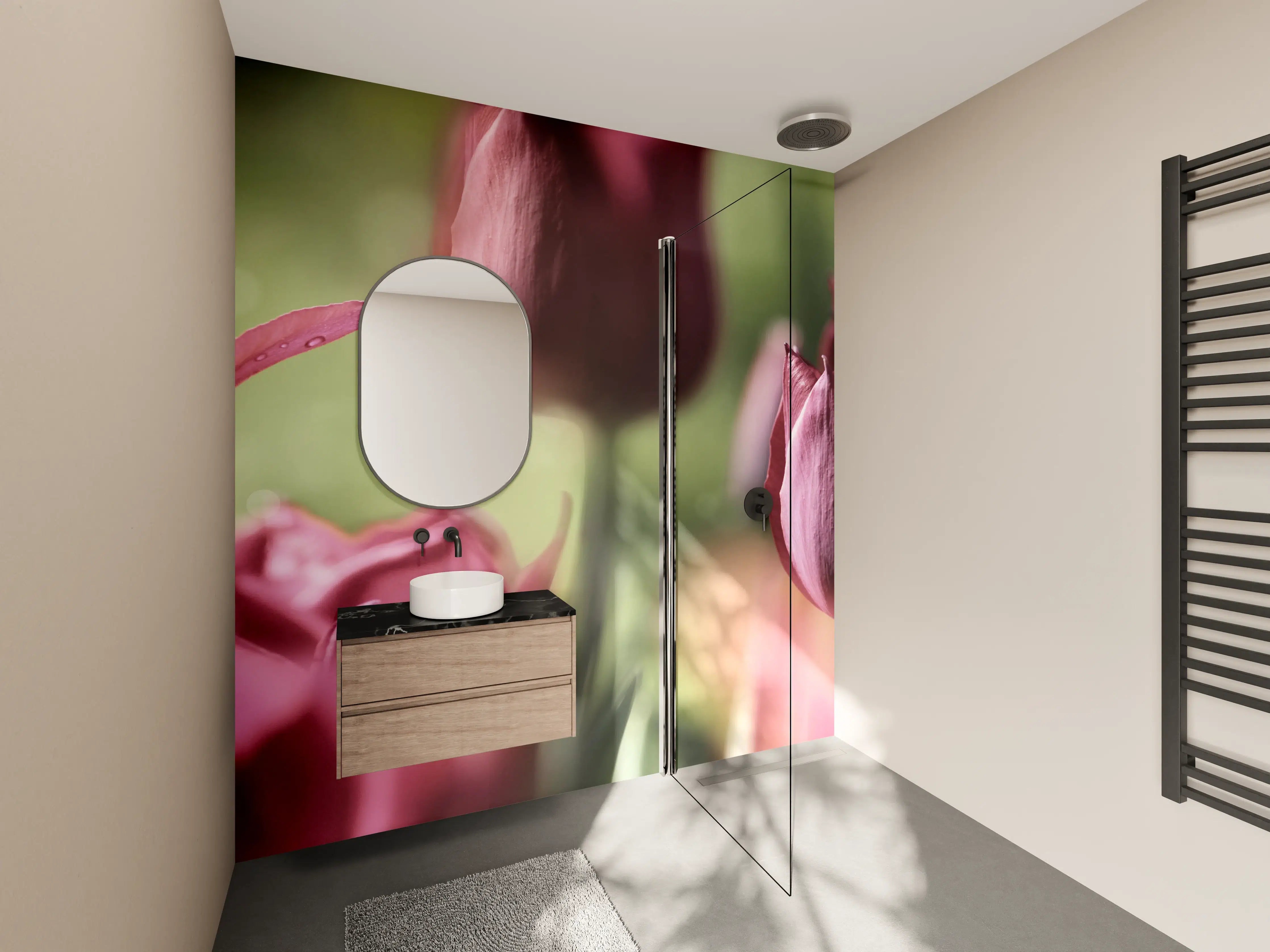 Wandverkleidung Bad - Dunkelrosa Tulpen