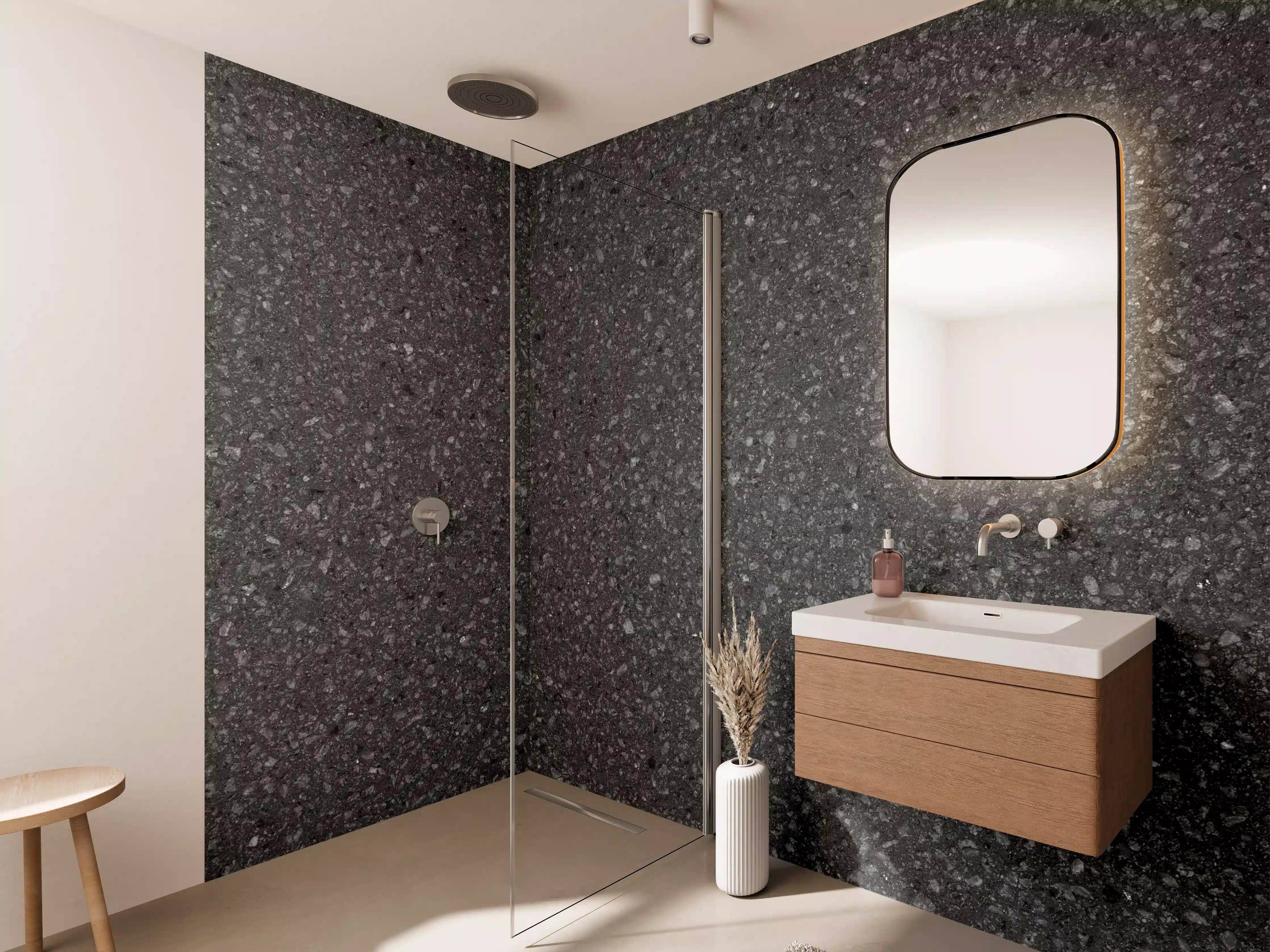 Wandverkleidung Bad - Dunkle Granit-Optik mit Feinheit