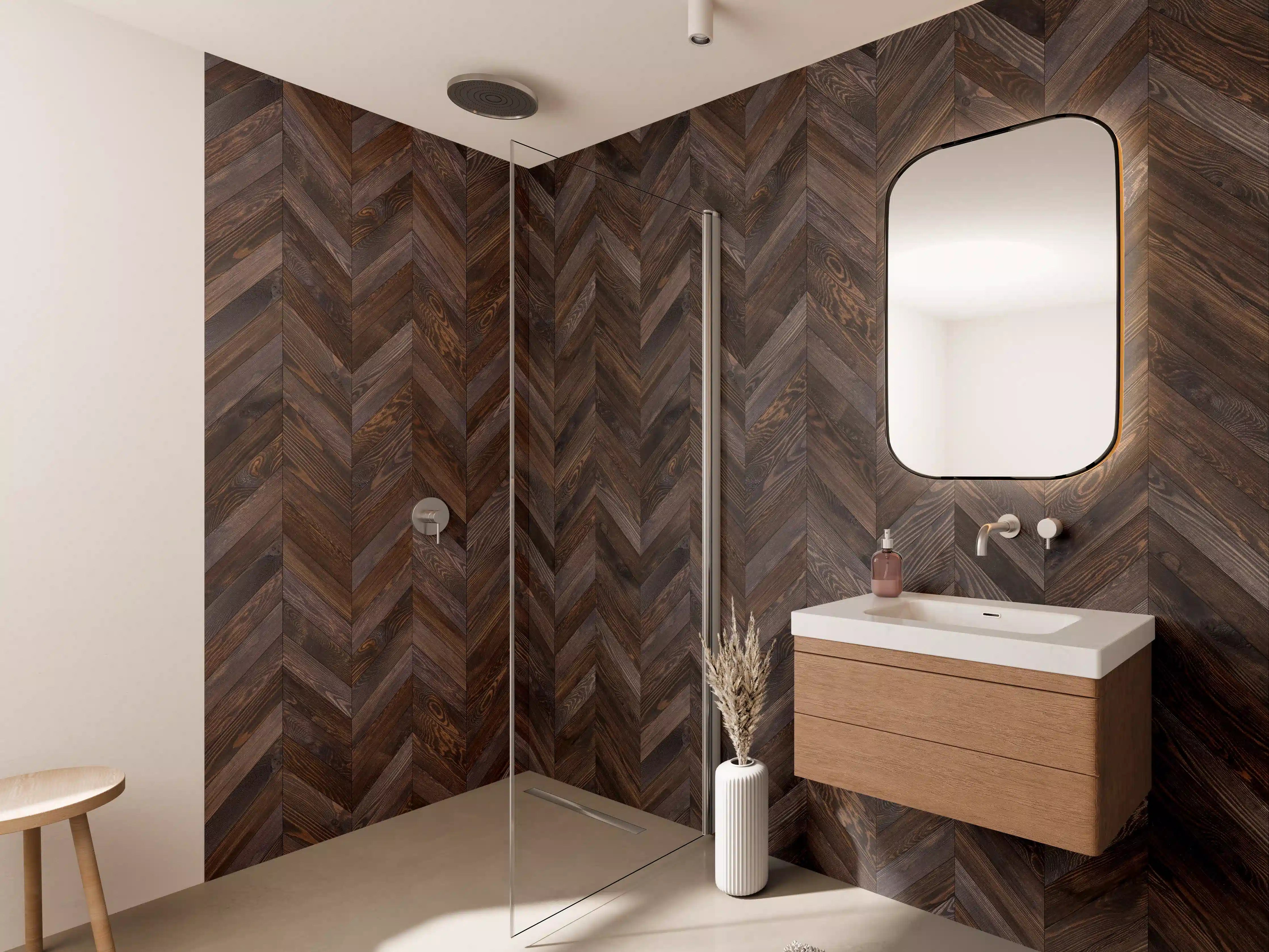 Wandverkleidung Bad - Dunkle Holzmaserung in Herringbone-Muster