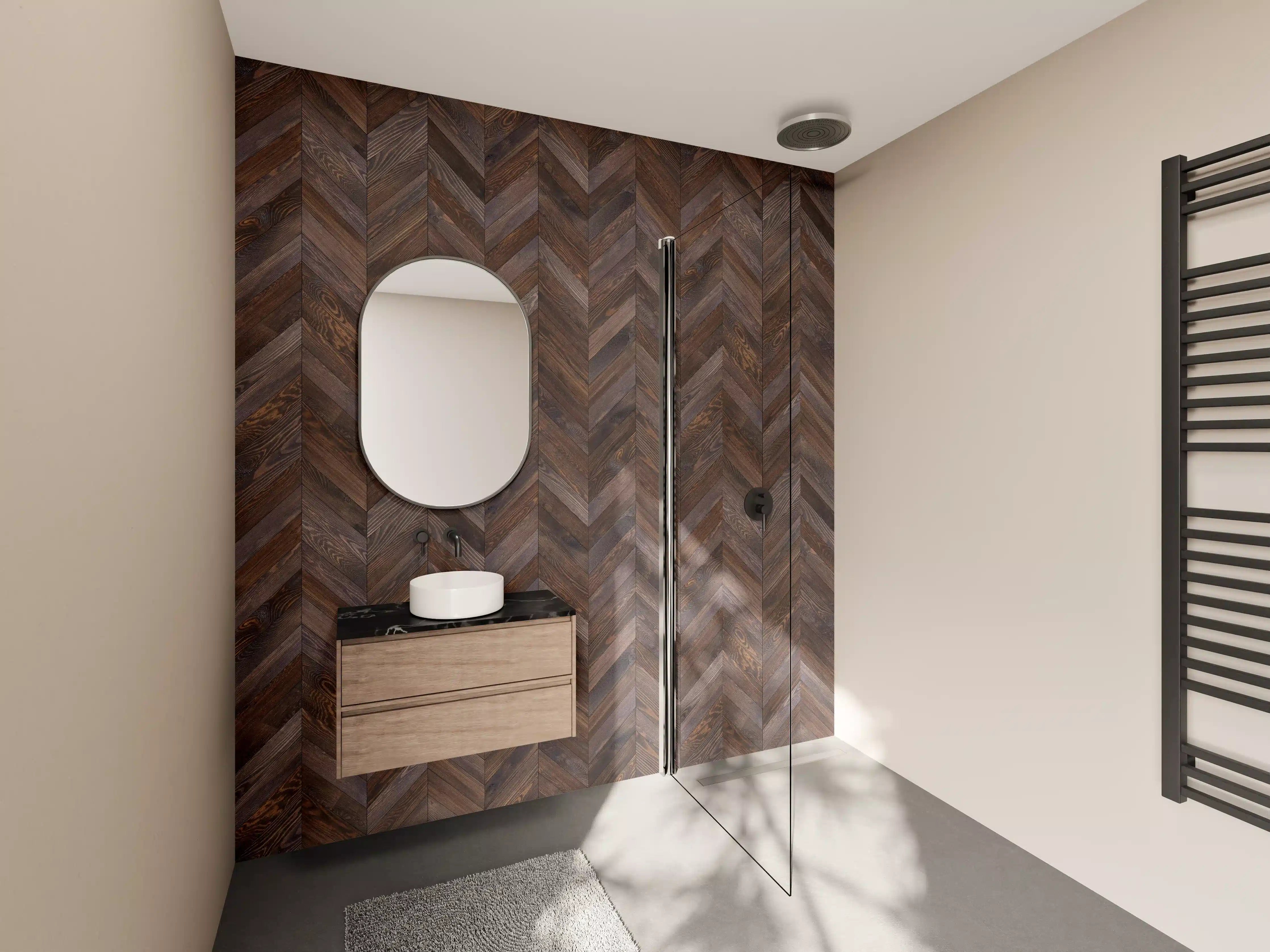 Wandverkleidung Bad - Dunkle Holzmaserung in Herringbone-Muster