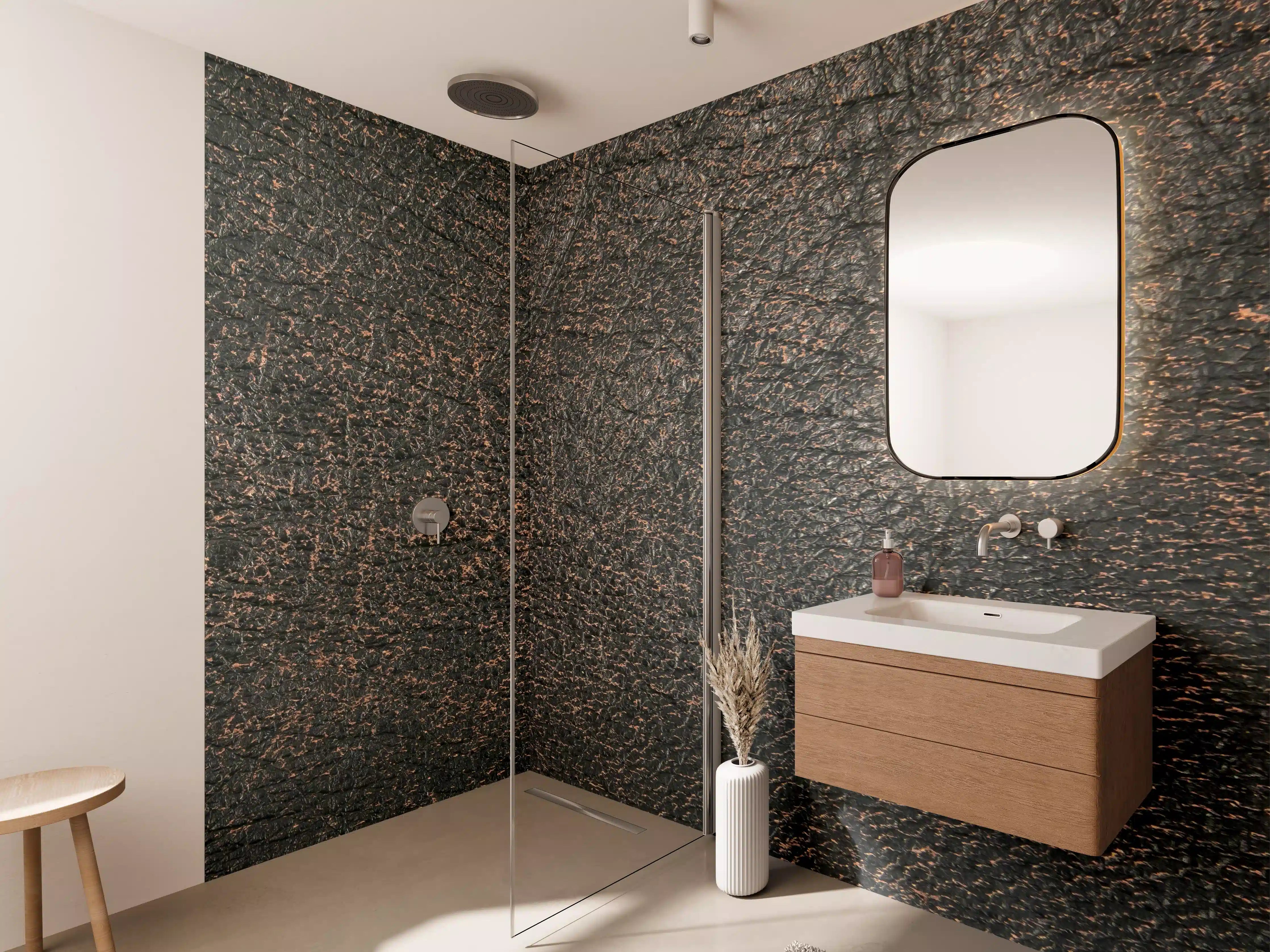 Wandverkleidung Bad - Dunkle Holzoptik mit rauer Textur