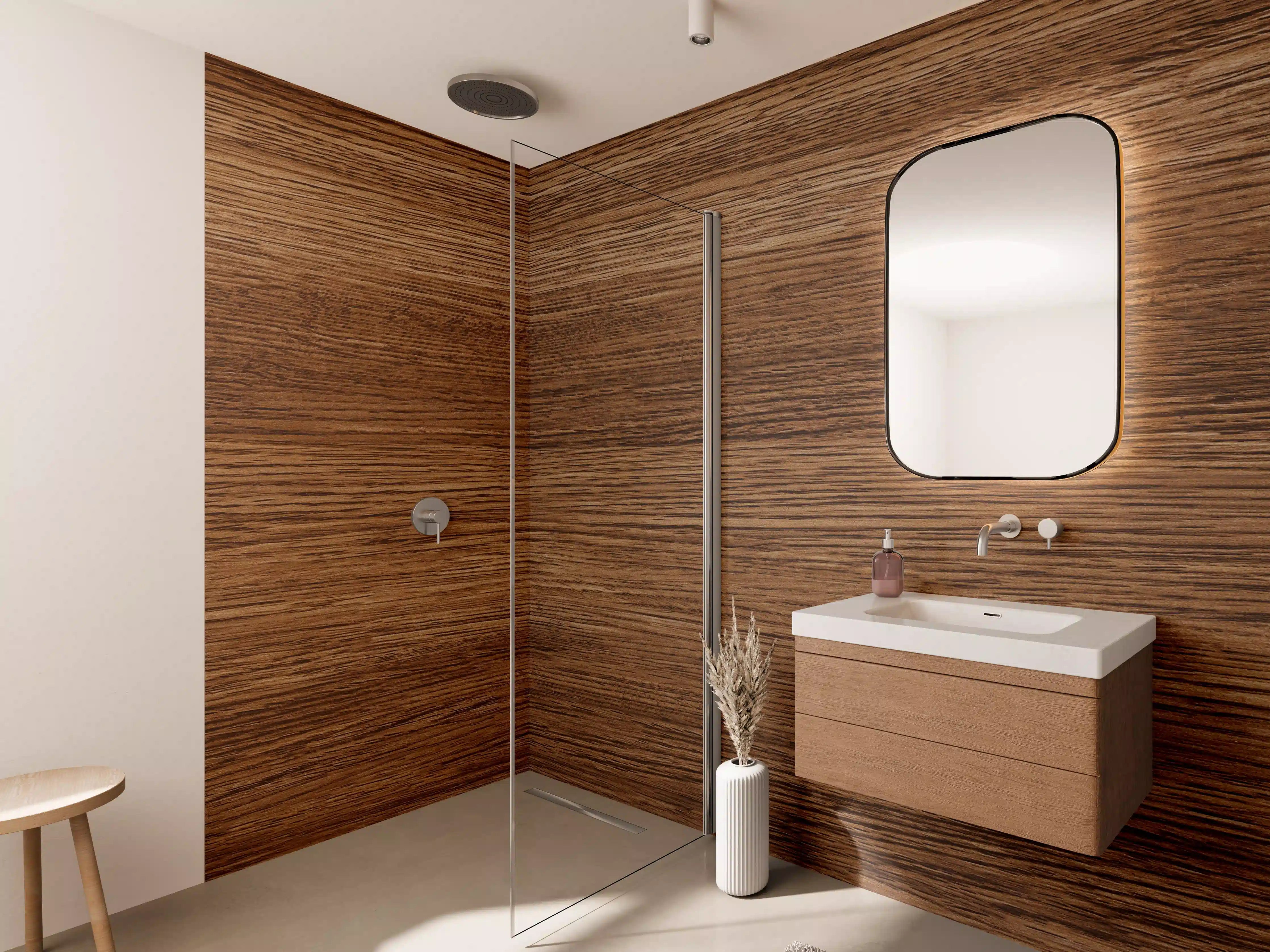 Wandverkleidung Bad - Dunkle Holzwand mit Streifenmuster