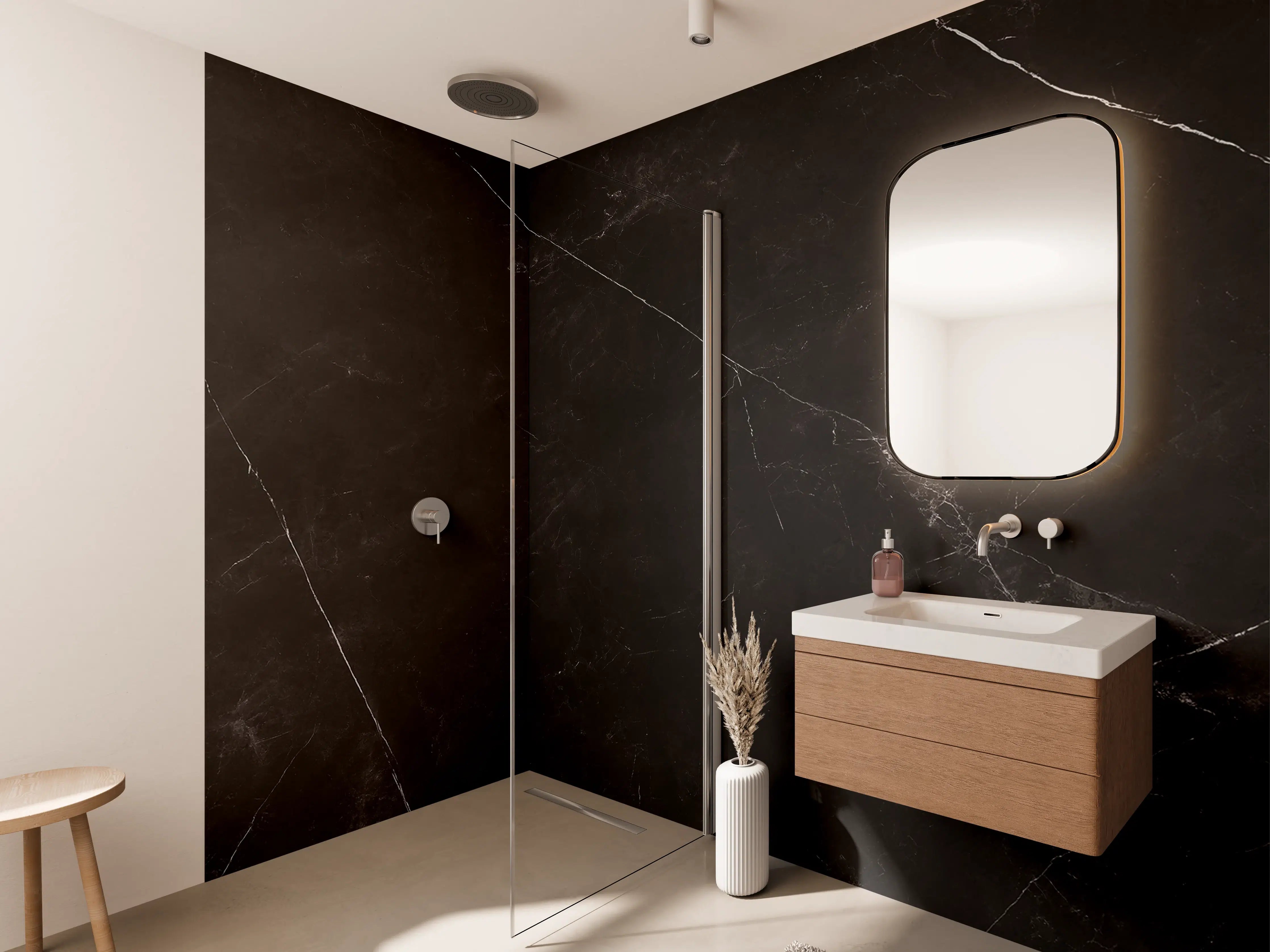 Wandverkleidung Bad - Dunkle Marmorstruktur mit weißen Feinlinien