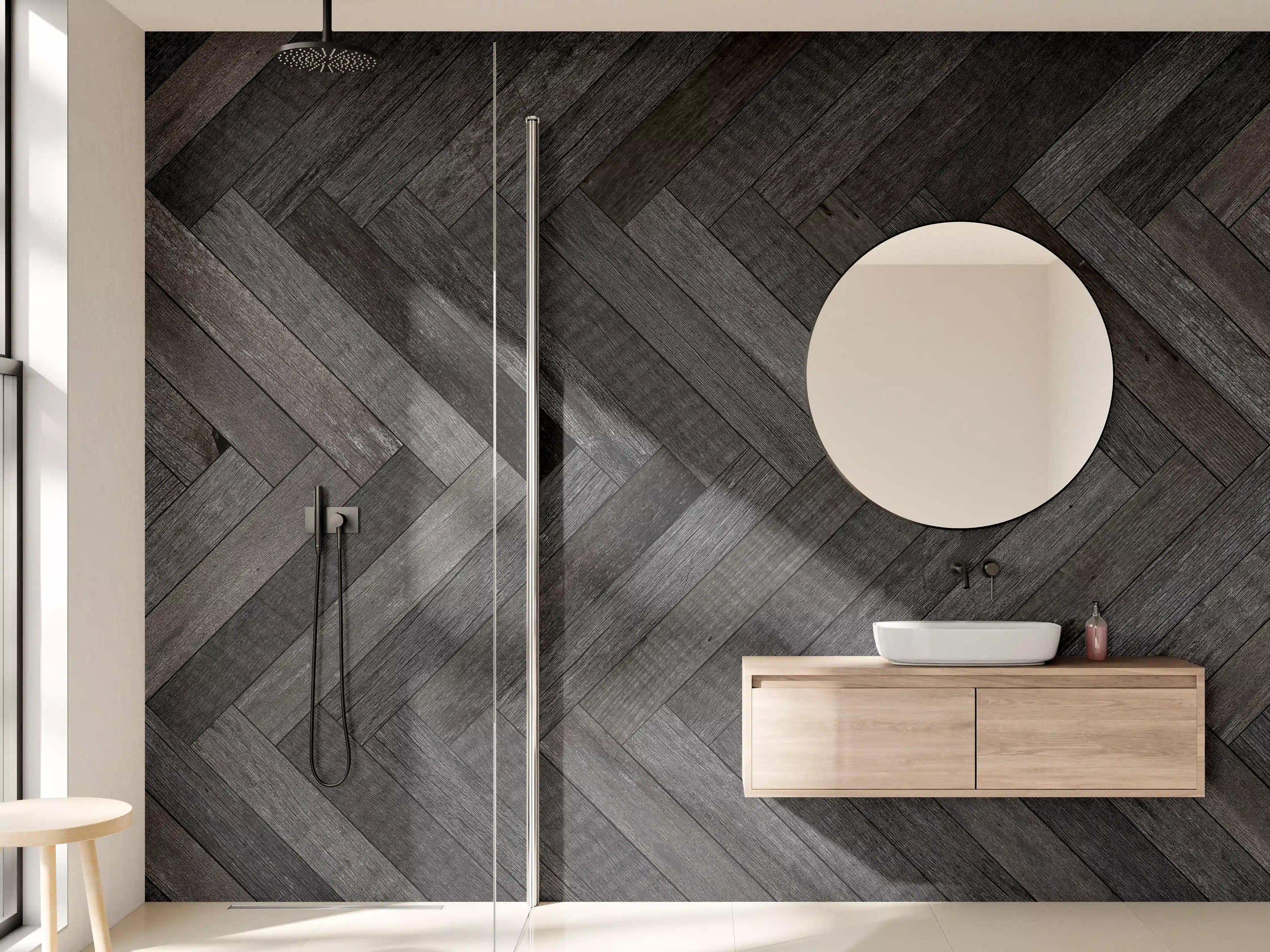 Wandverkleidung Bad - Dunkle Parkettmuster in Herringbone-Design