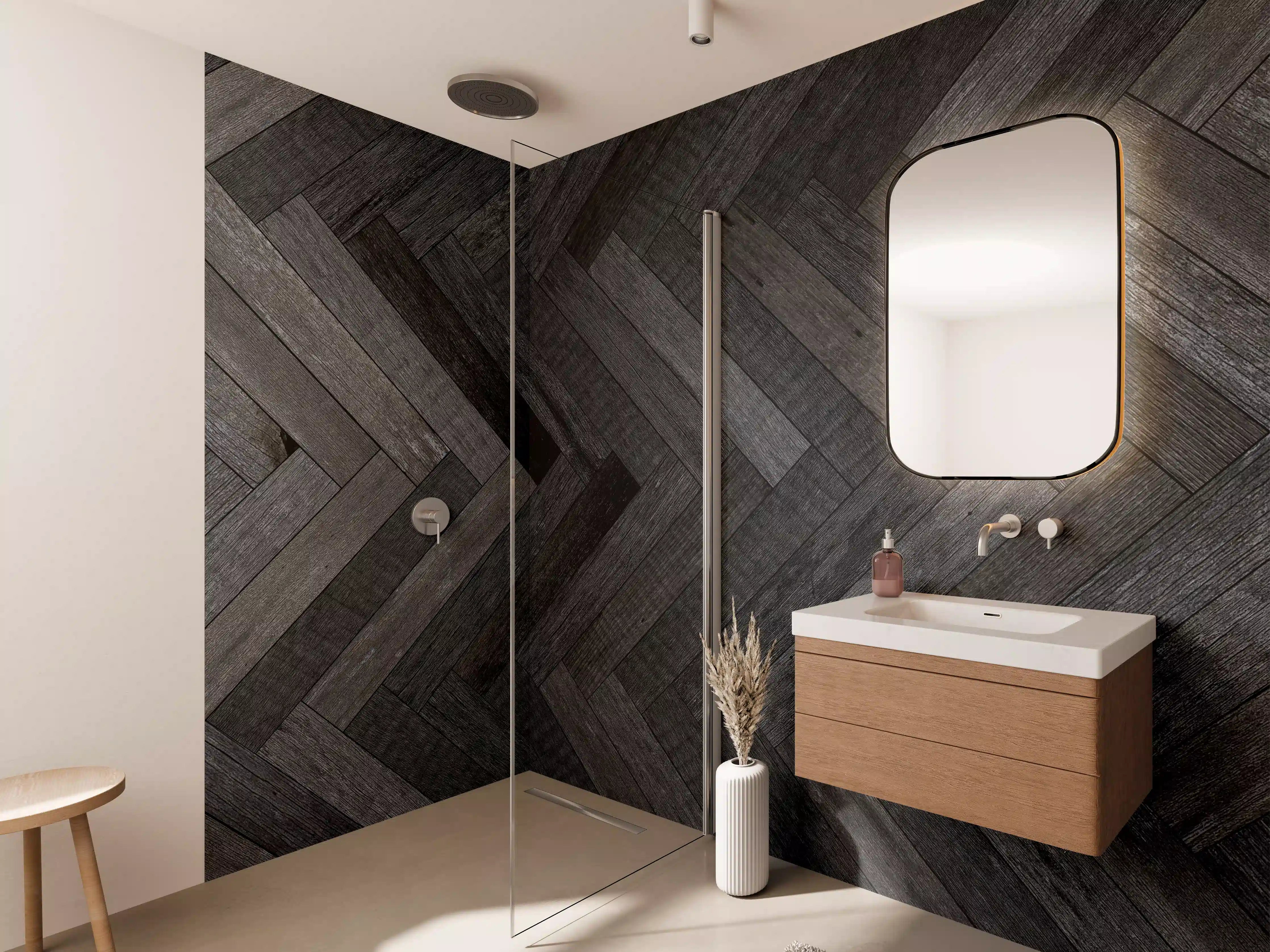 Wandverkleidung Bad - Dunkle Parkettmuster in Herringbone-Design