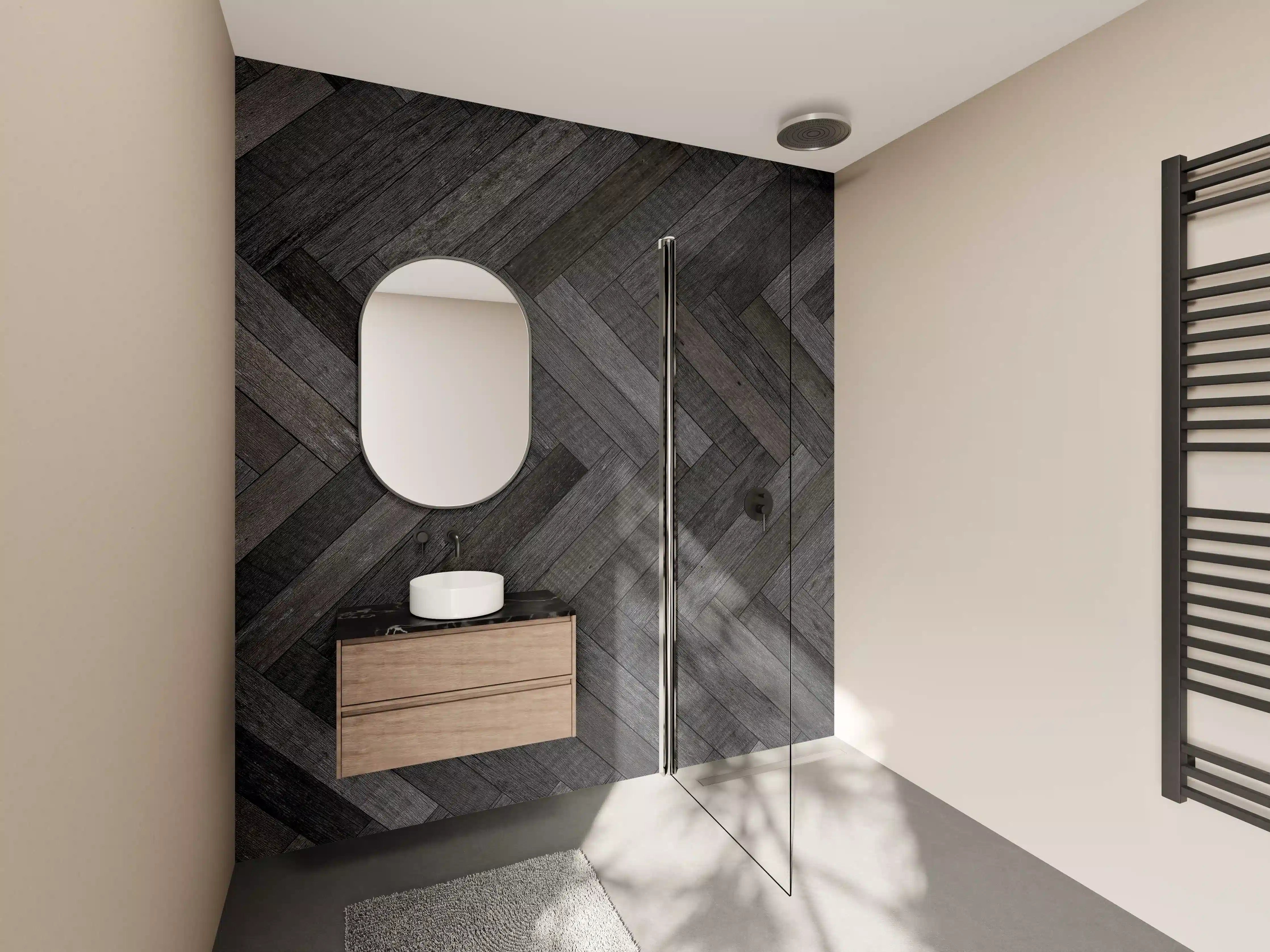 Wandverkleidung Bad - Dunkle Parkettmuster in Herringbone-Design