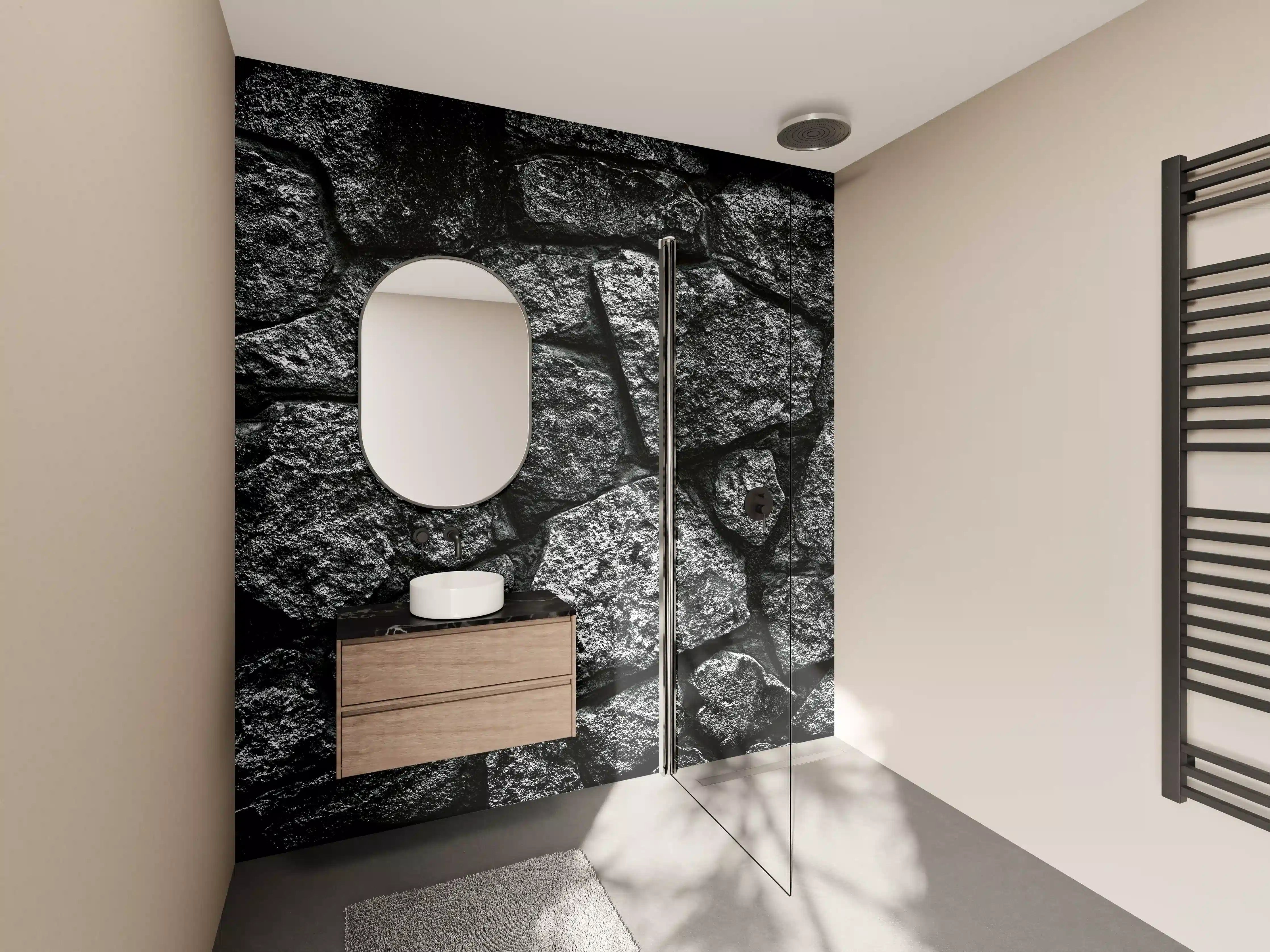 Wandverkleidung Bad - Dunkle Steinwand mit rauer Textur