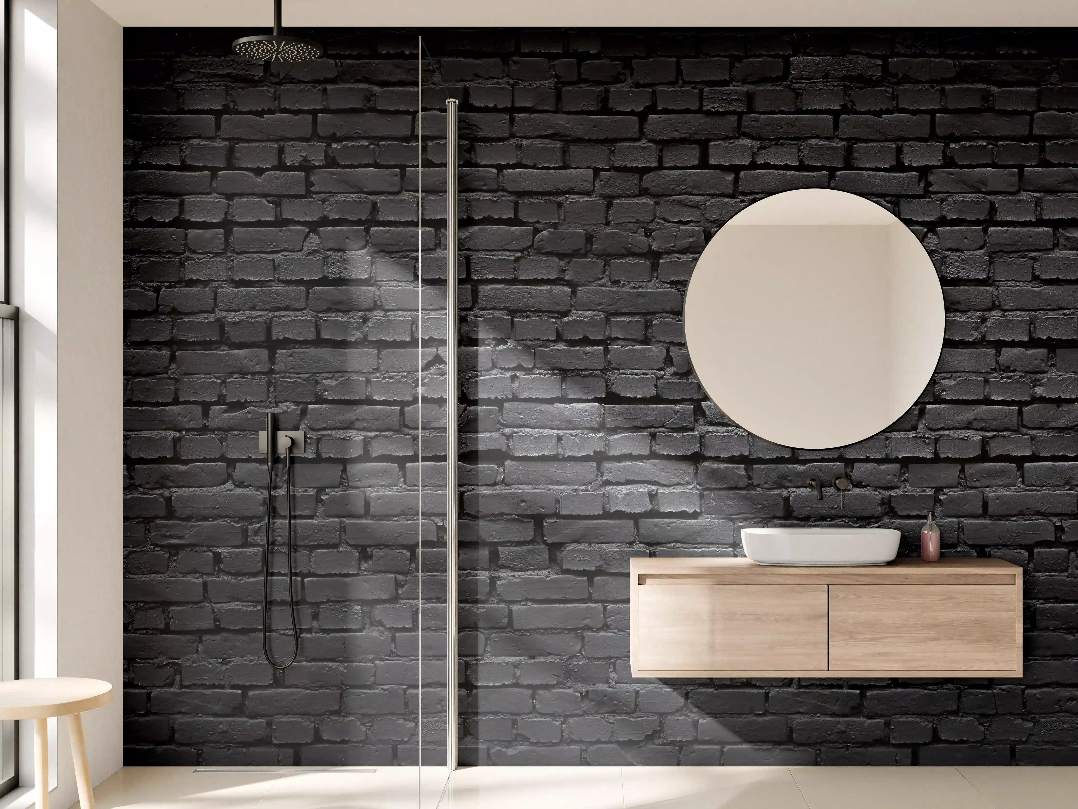 Wandverkleidung Bad - Dunkle Ziegelsteinmauer in Grau-Tönen