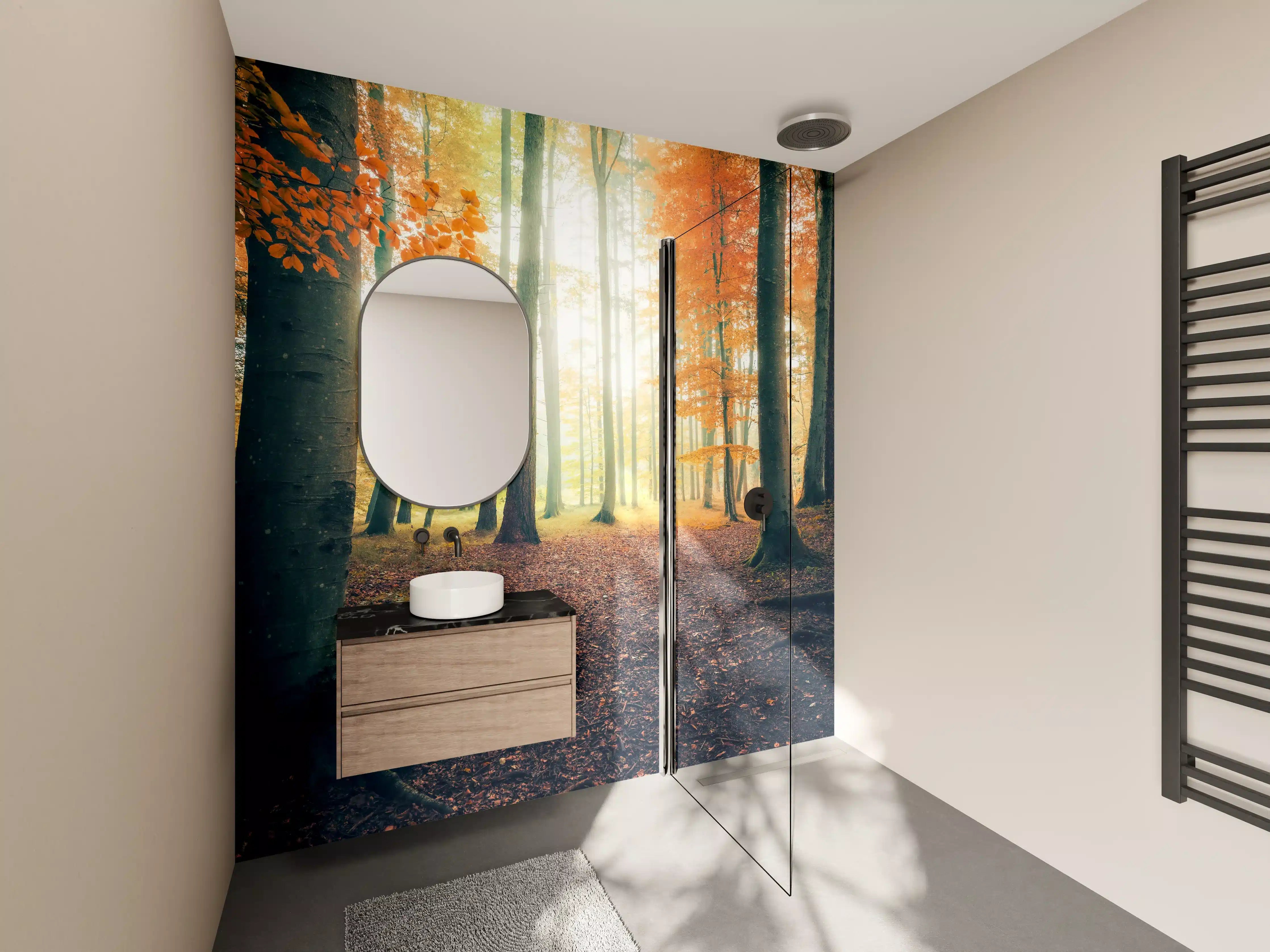 Wandverkleidung Bad - Dunkler Wald im Herbst