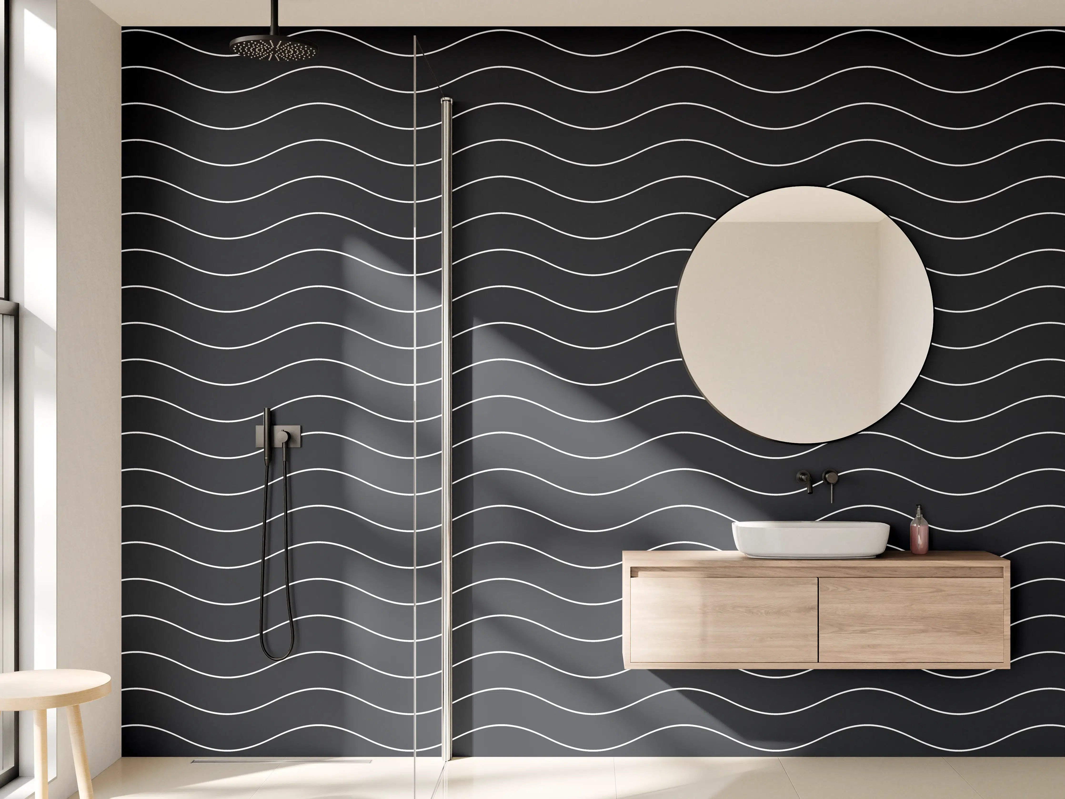 Wandverkleidung Bad - Dunkles Wellenmuster mit Grautönen