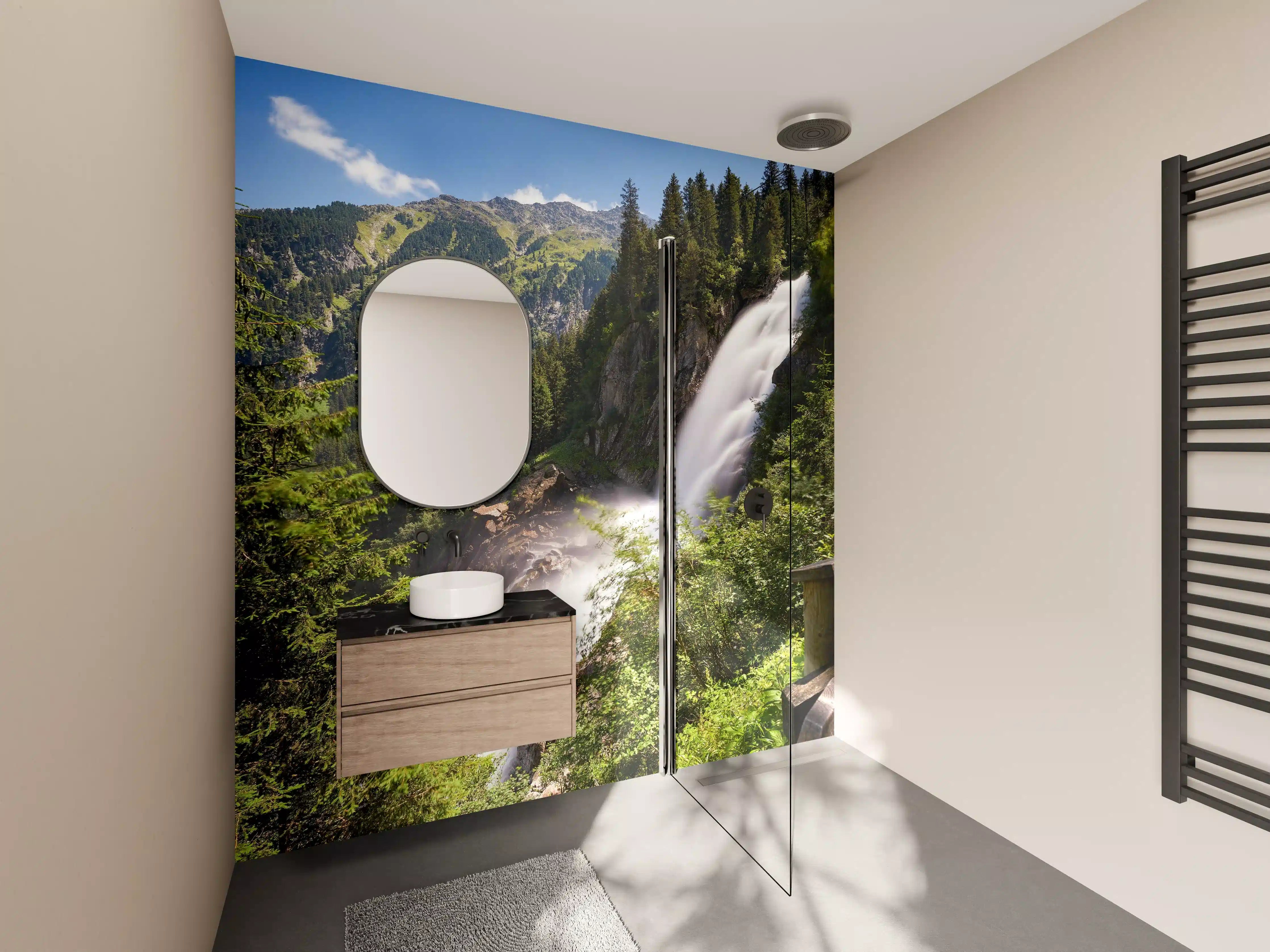 Wandverkleidung Bad - Edelgrauer Wasserfall im grünen Wald