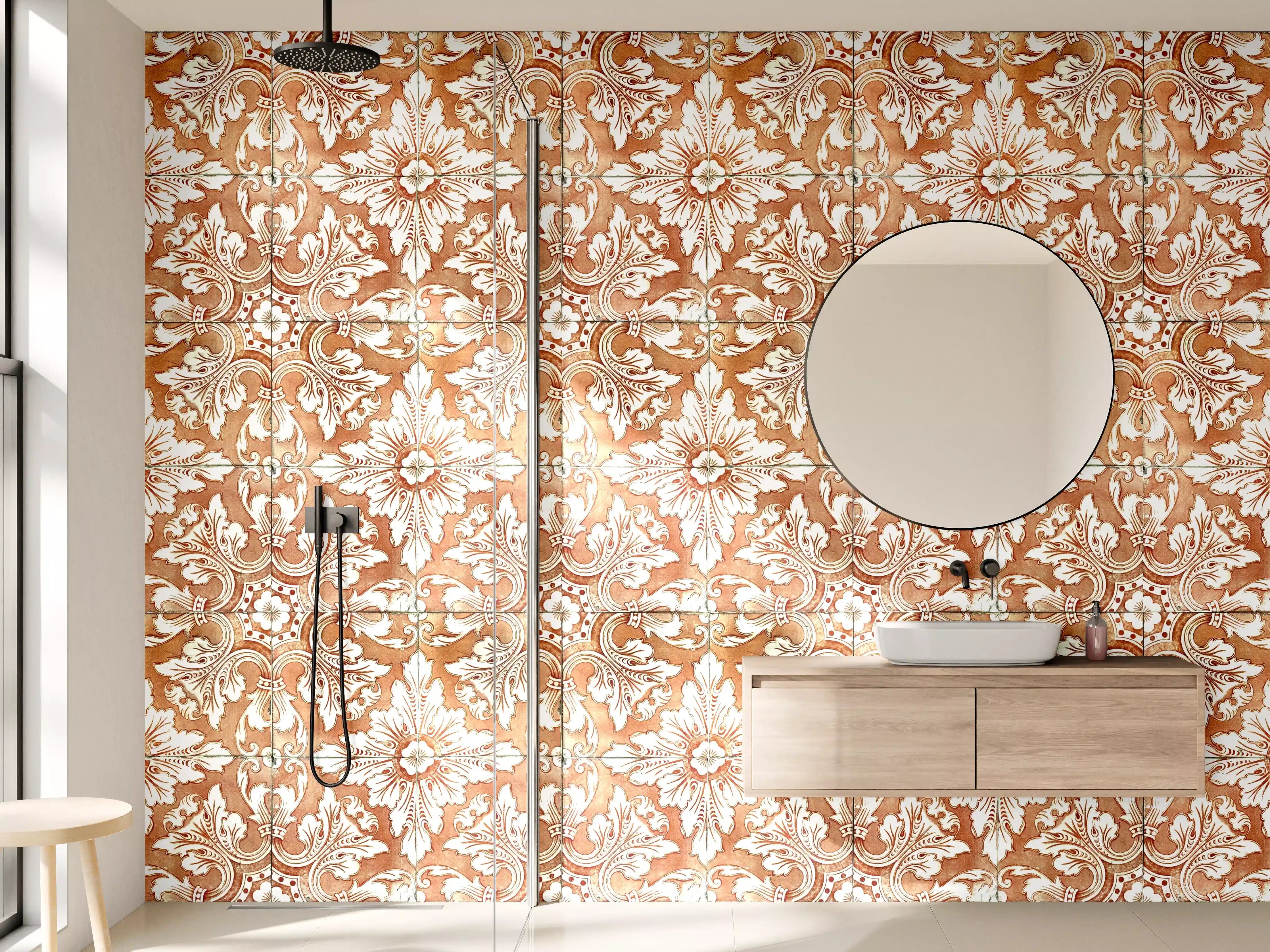 Wandverkleidung Bad - Edle Blumendekoration in warmen Tönen