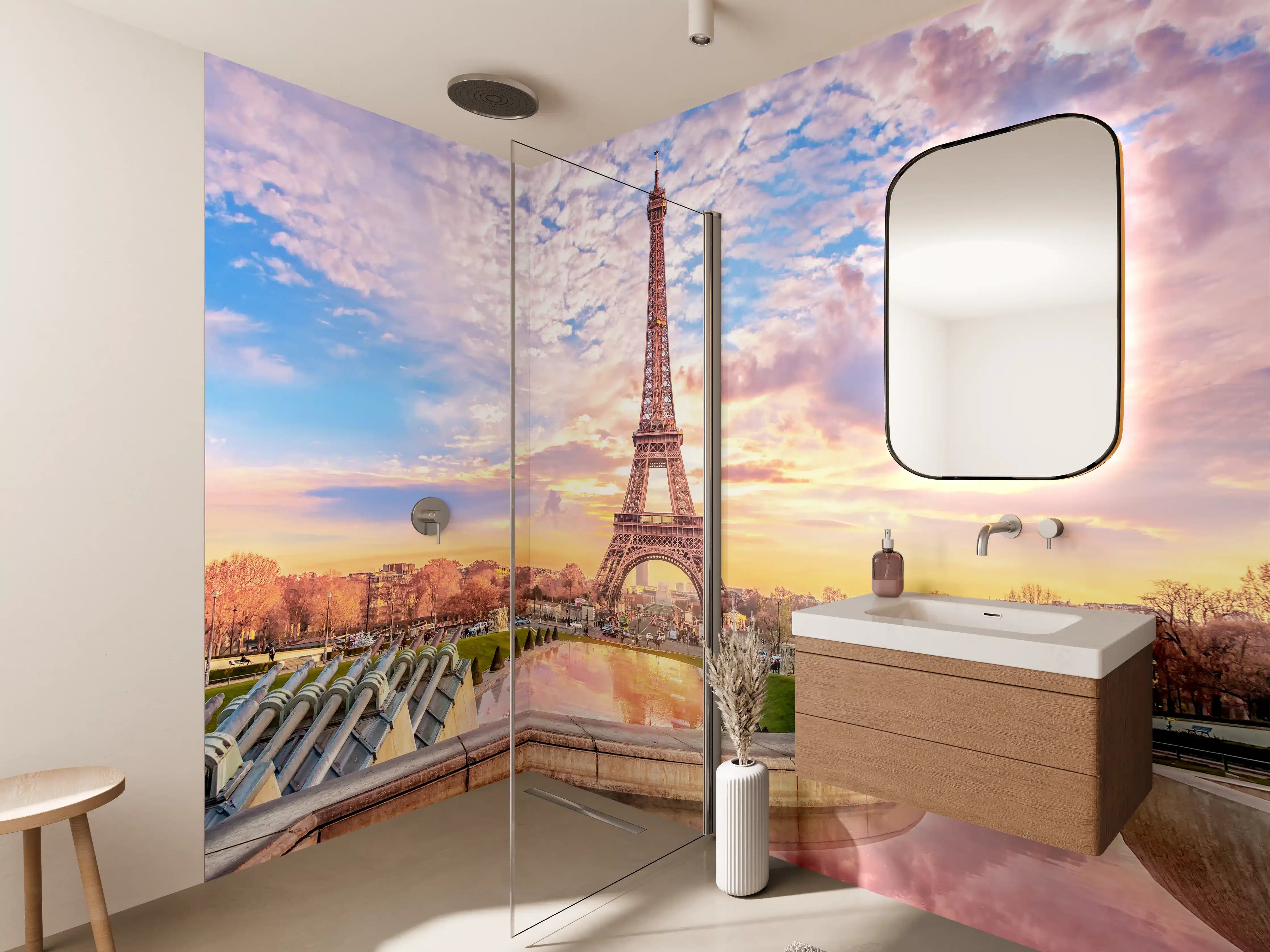 Wandverkleidung Bad - Eiffelturm bei Sonnenuntergang in sanften Pastellfarben