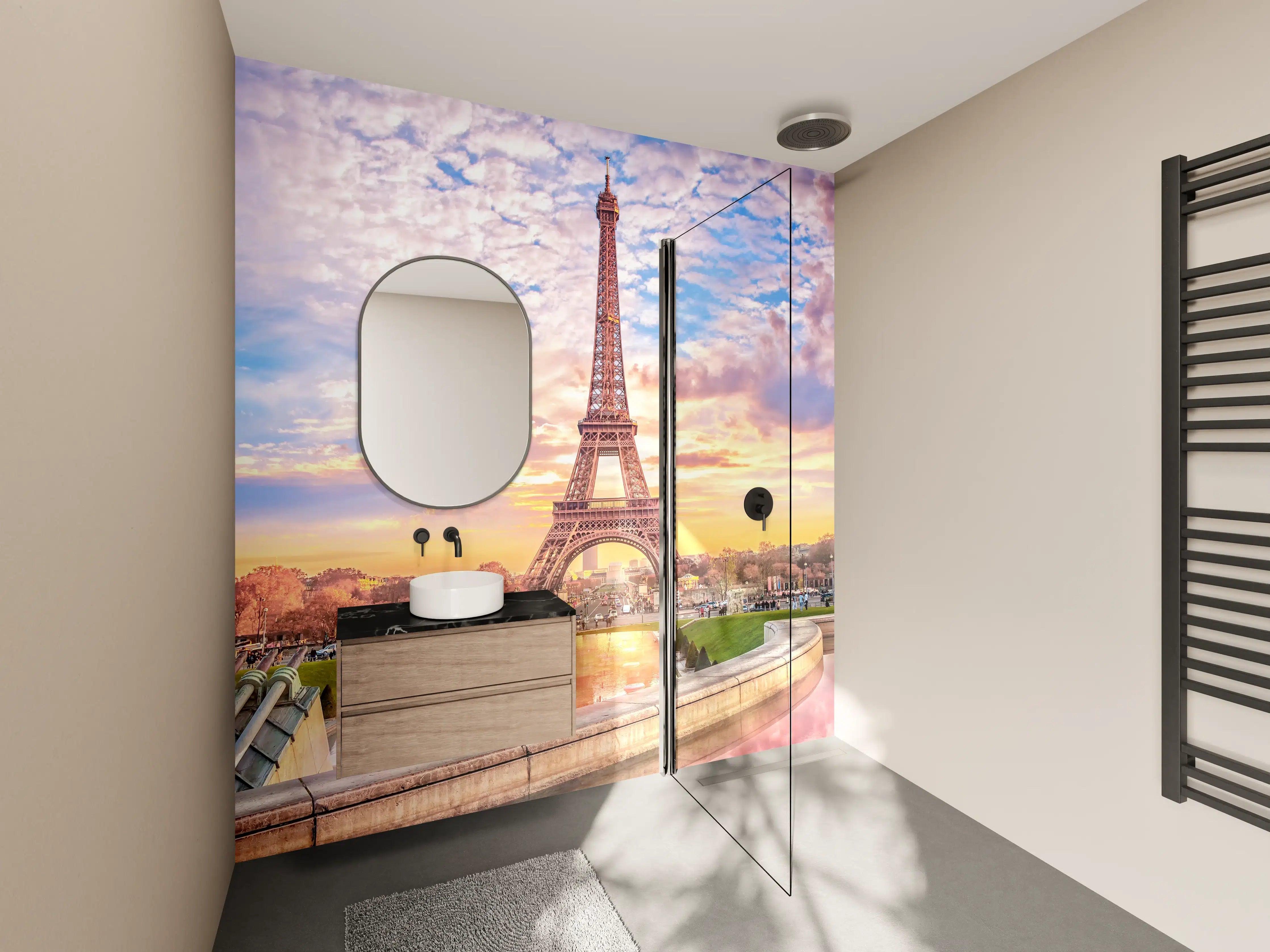 Wandverkleidung Bad - Eiffelturm bei Sonnenuntergang in sanften Pastellfarben