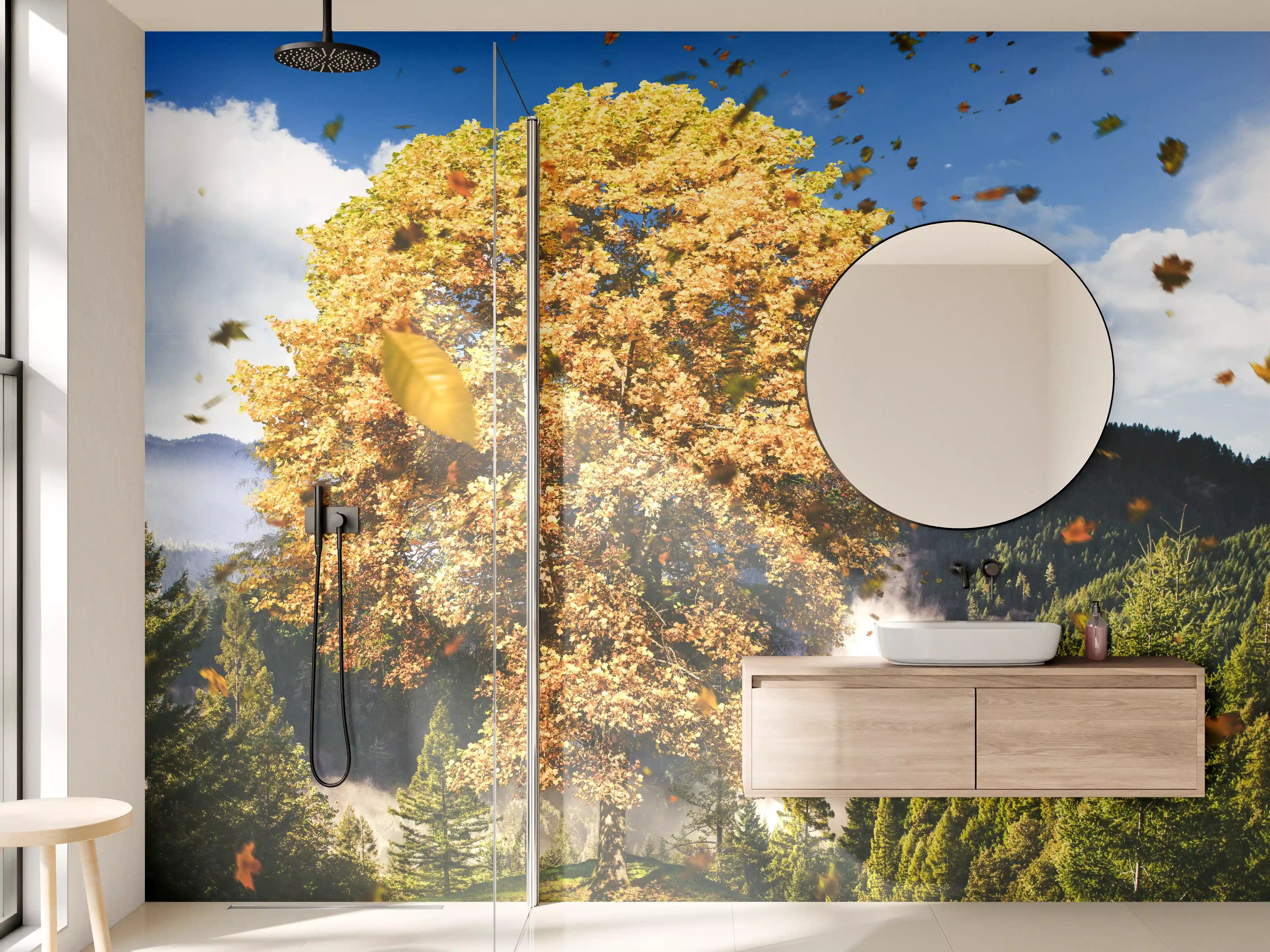 Wandverkleidung Bad - Einzelner Herbst Baum im Wald bei Wind