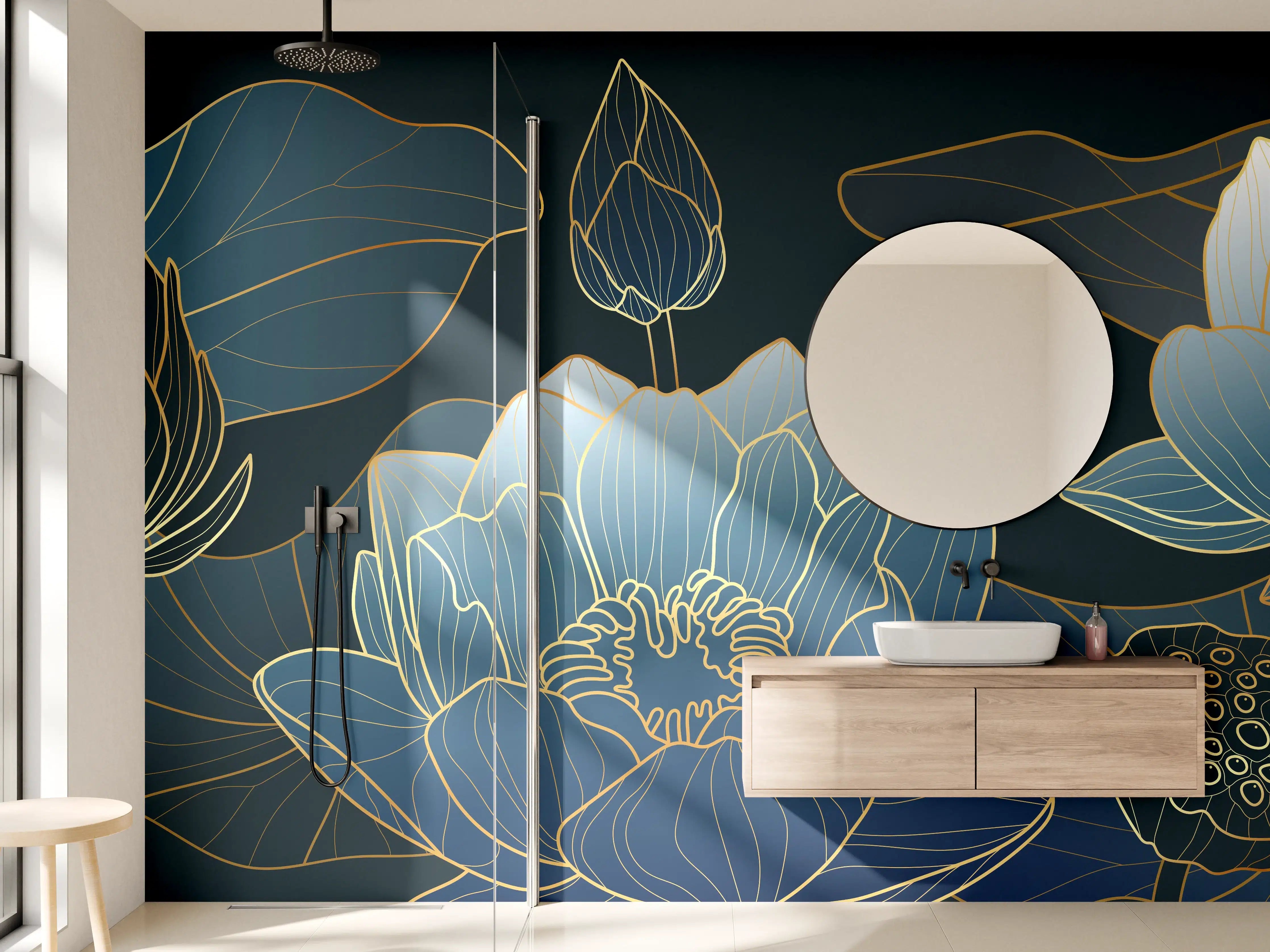 Wandverkleidung Bad - Elegante Blau-Weiße Blumenillustration