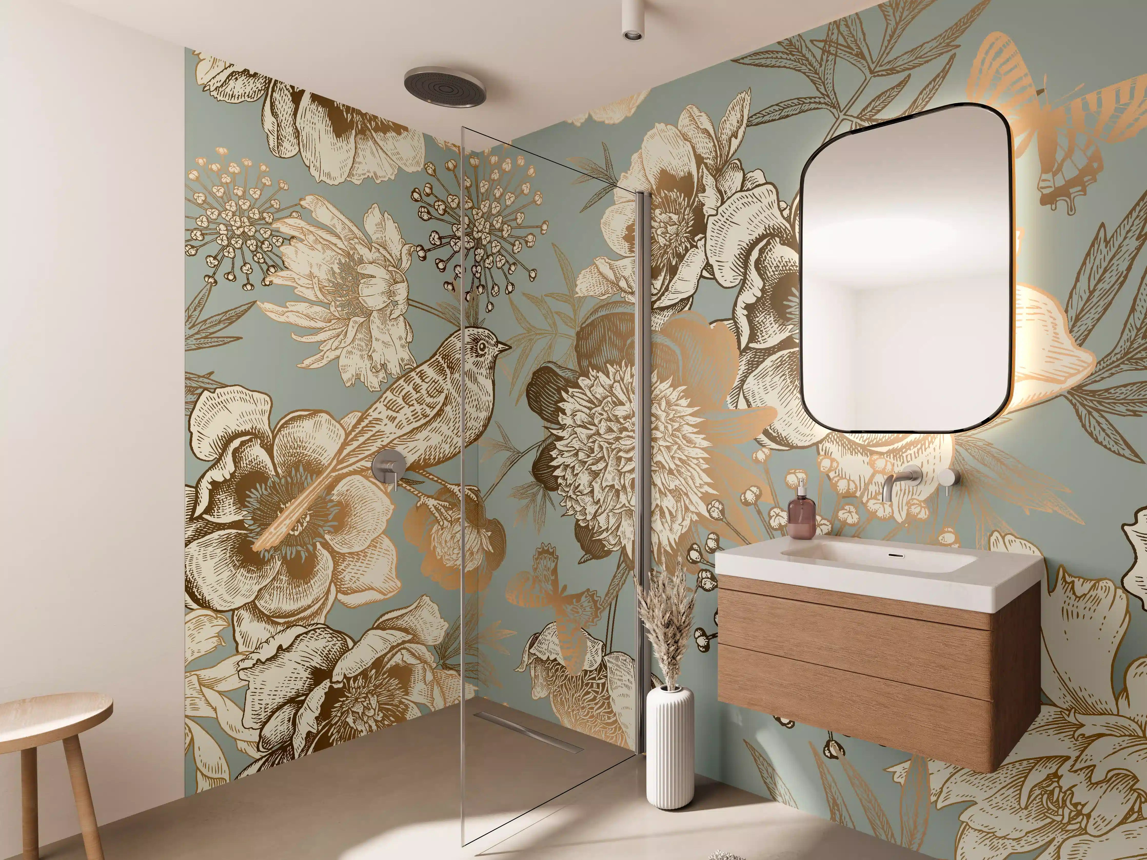 Wandverkleidung Bad - Elegante Blumen- und Vogel-Muster in Pastellfarben