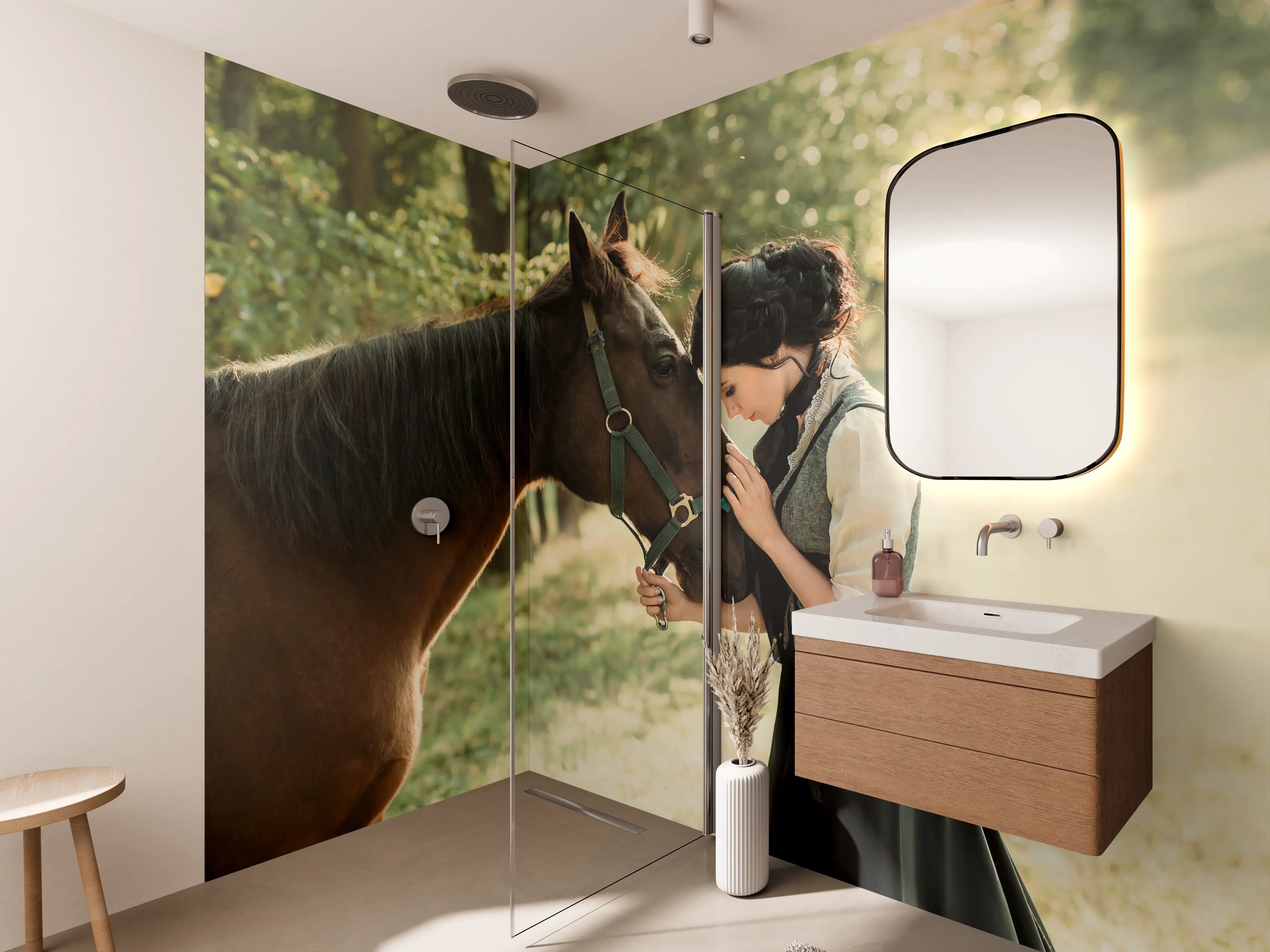 Wandverkleidung Bad - Elegante Dame mit Pferd