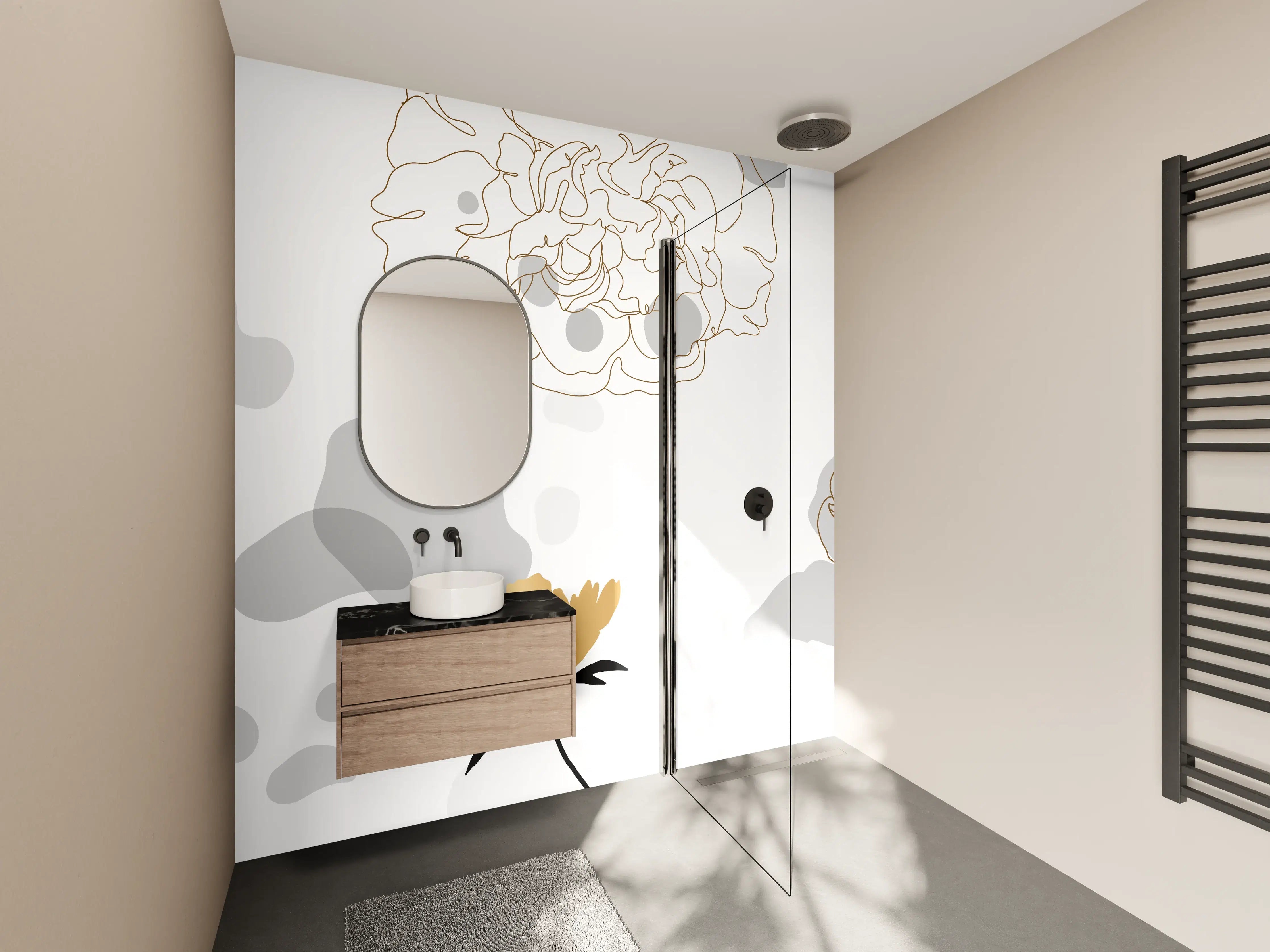 Wandverkleidung Bad - Elegante Gold-Grau Floral Kunst