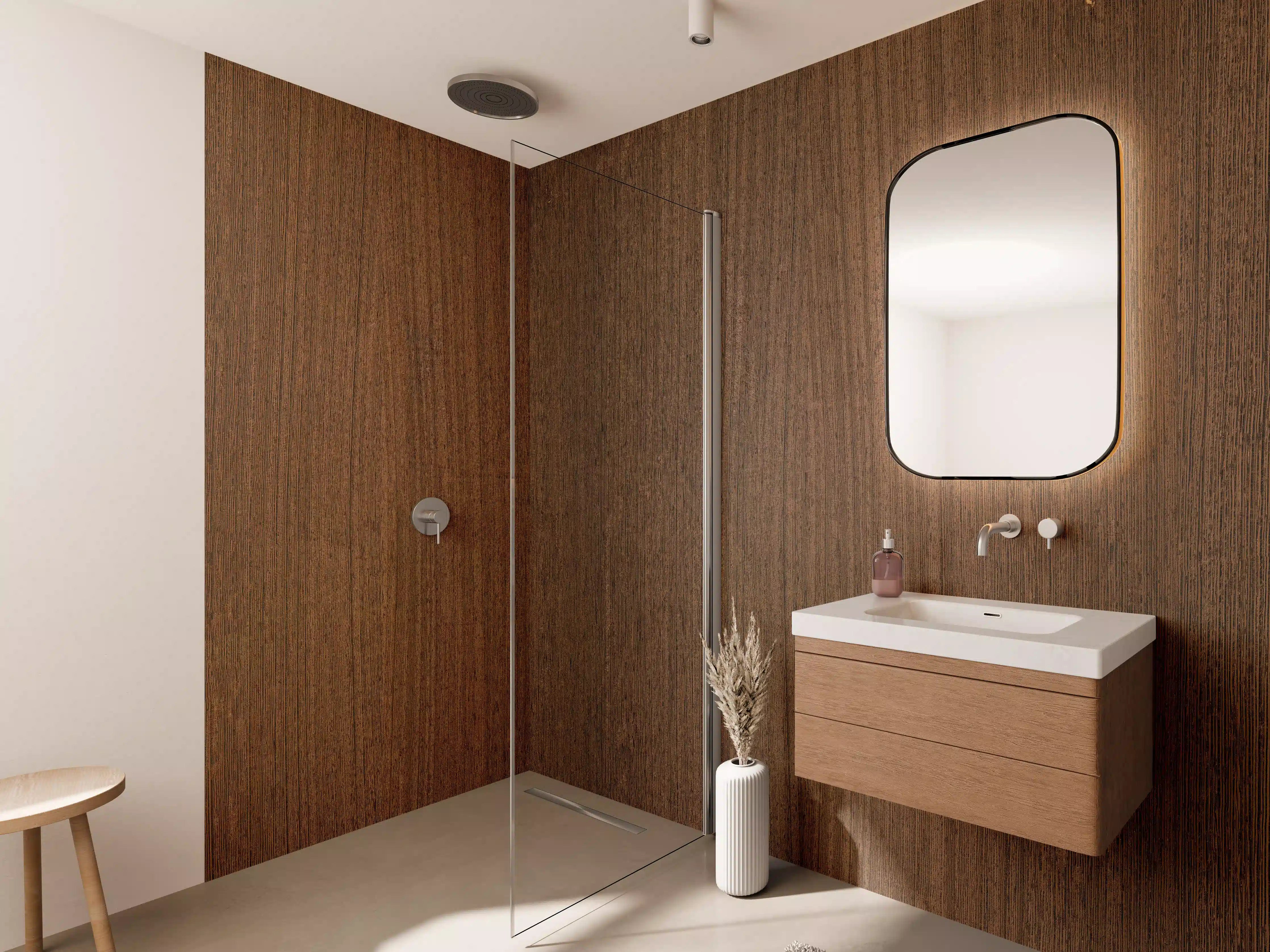 Wandverkleidung Bad - Elegante Holzmaserung in warmem Braun