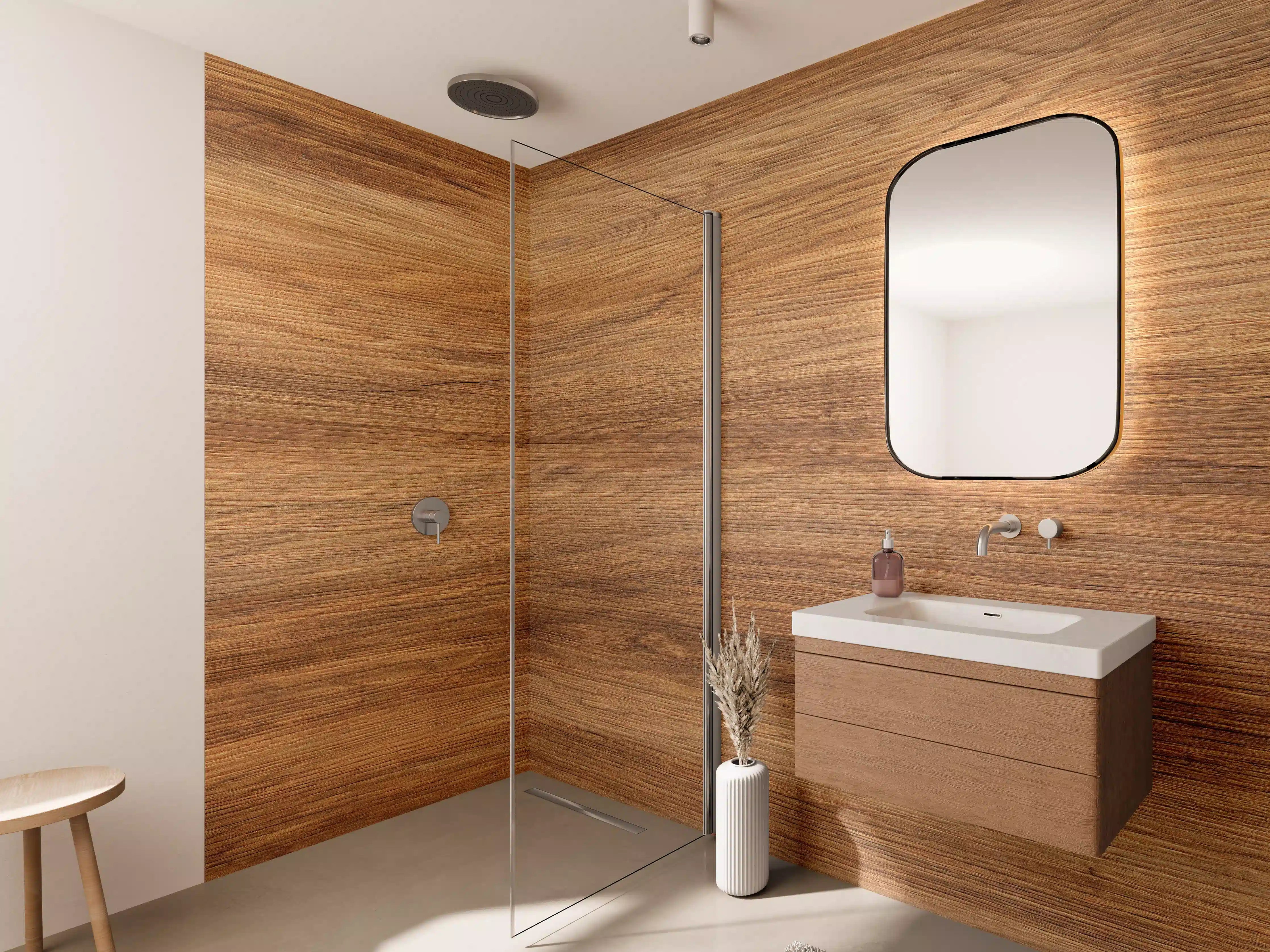 Wandverkleidung Bad - Elegante Holzmaserung in warmen Brauntönen