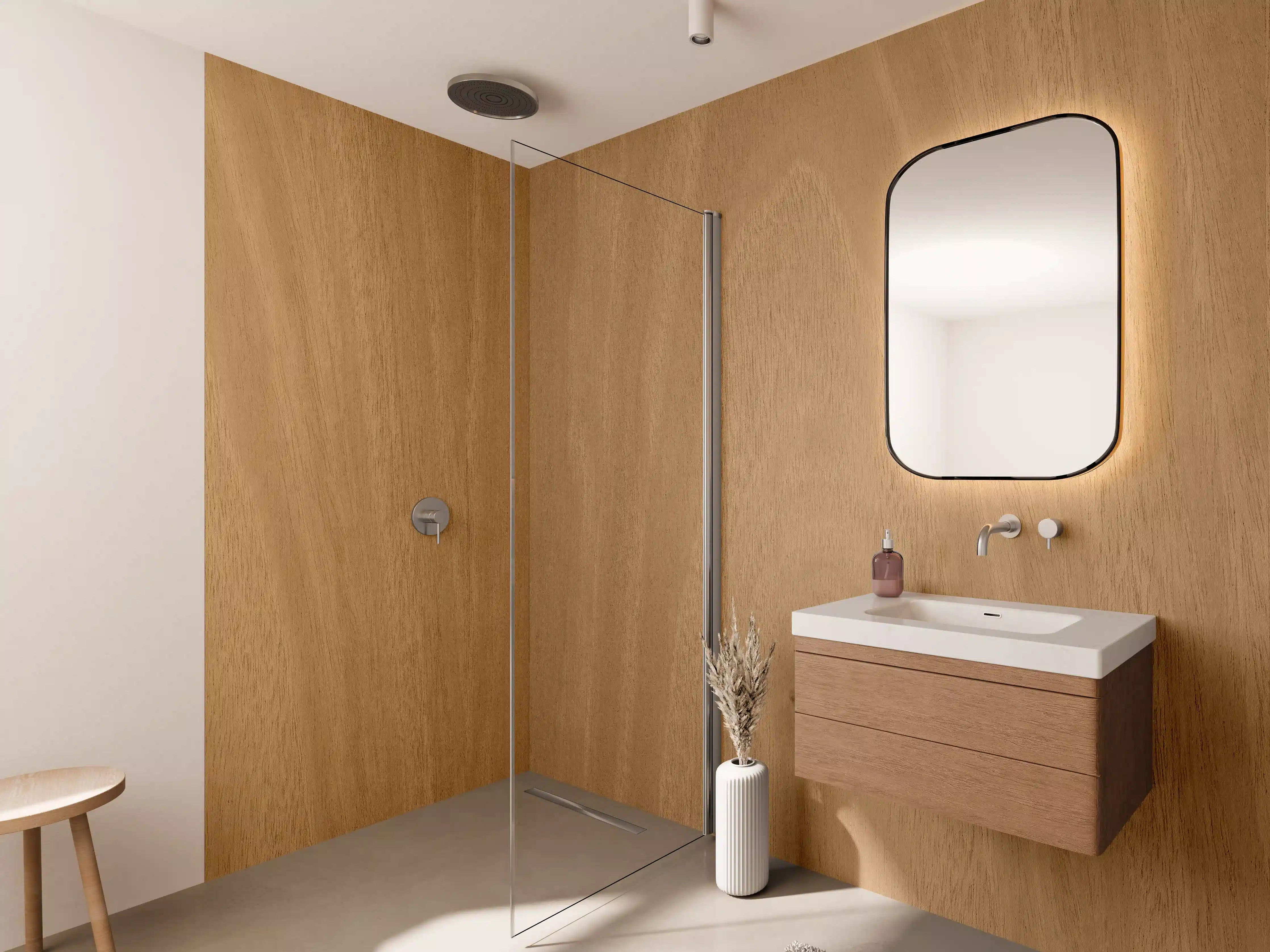 Wandverkleidung Bad - Elegante Holzoptik in warmem Braun