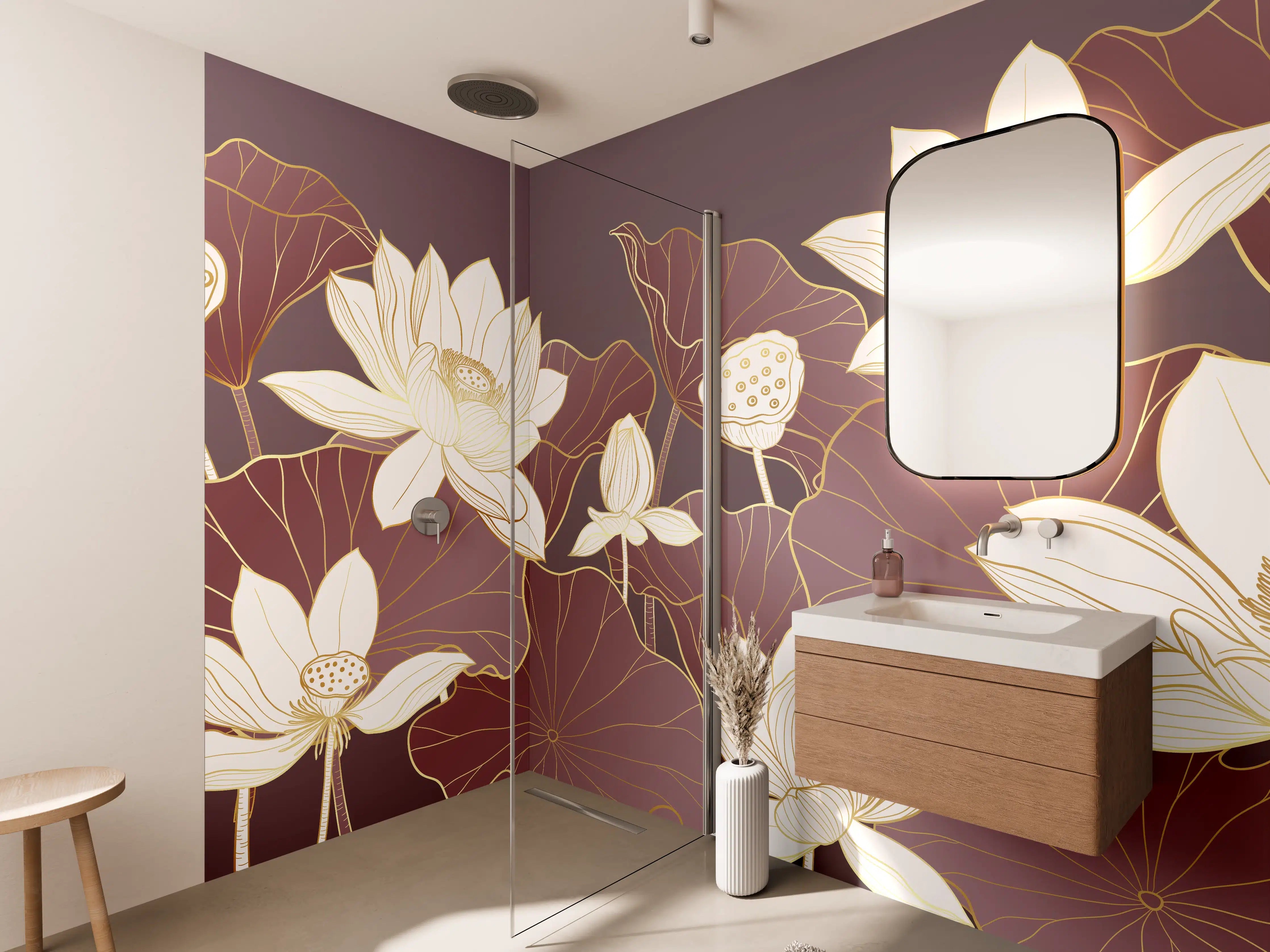 Wandverkleidung Bad - Elegante Lotusblumen in Weiß und Gold auf Mauve-Hintergrund