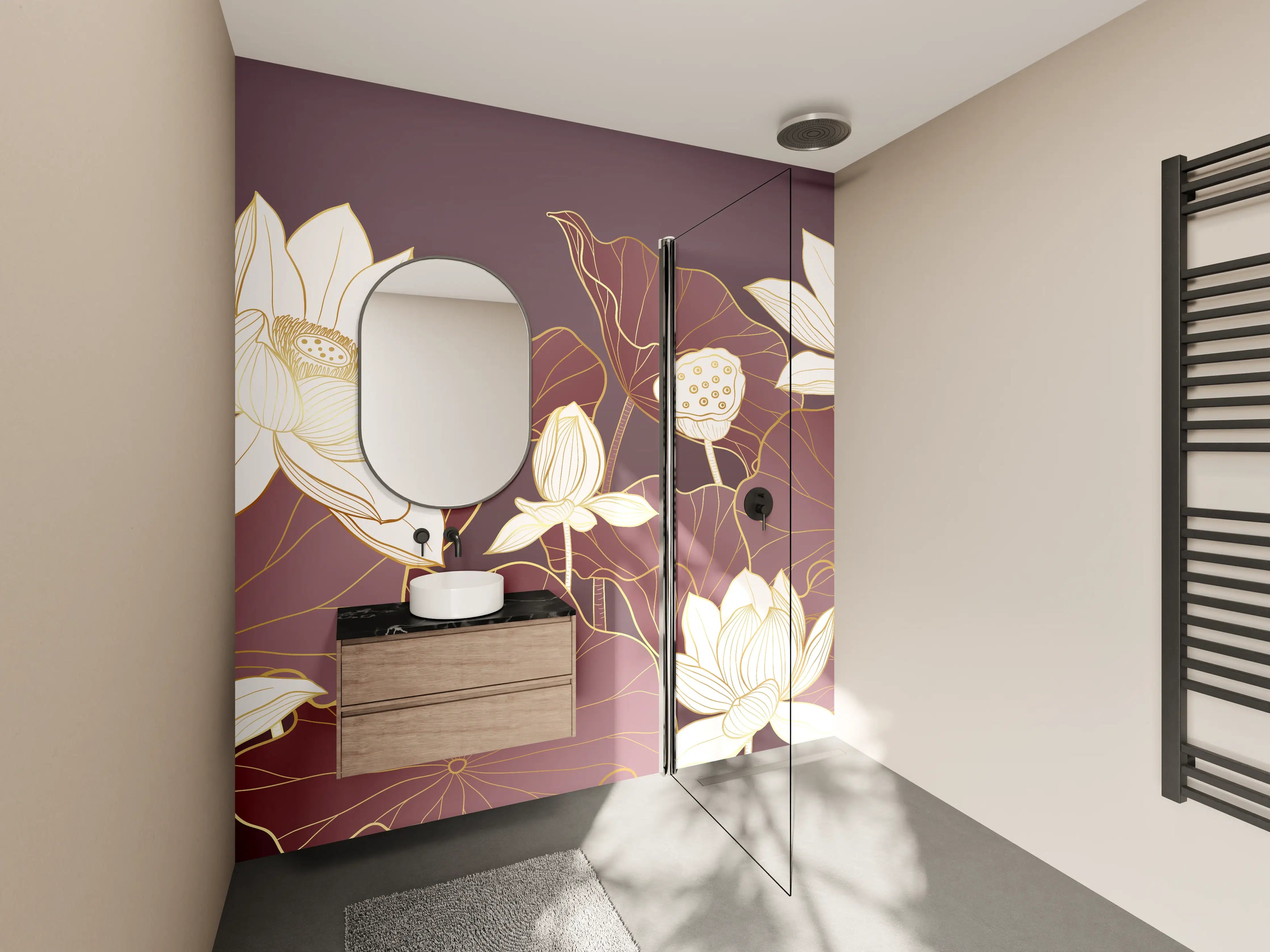Wandverkleidung Bad - Elegante Lotusblumen in Weiß und Gold auf Mauve-Hintergrund
