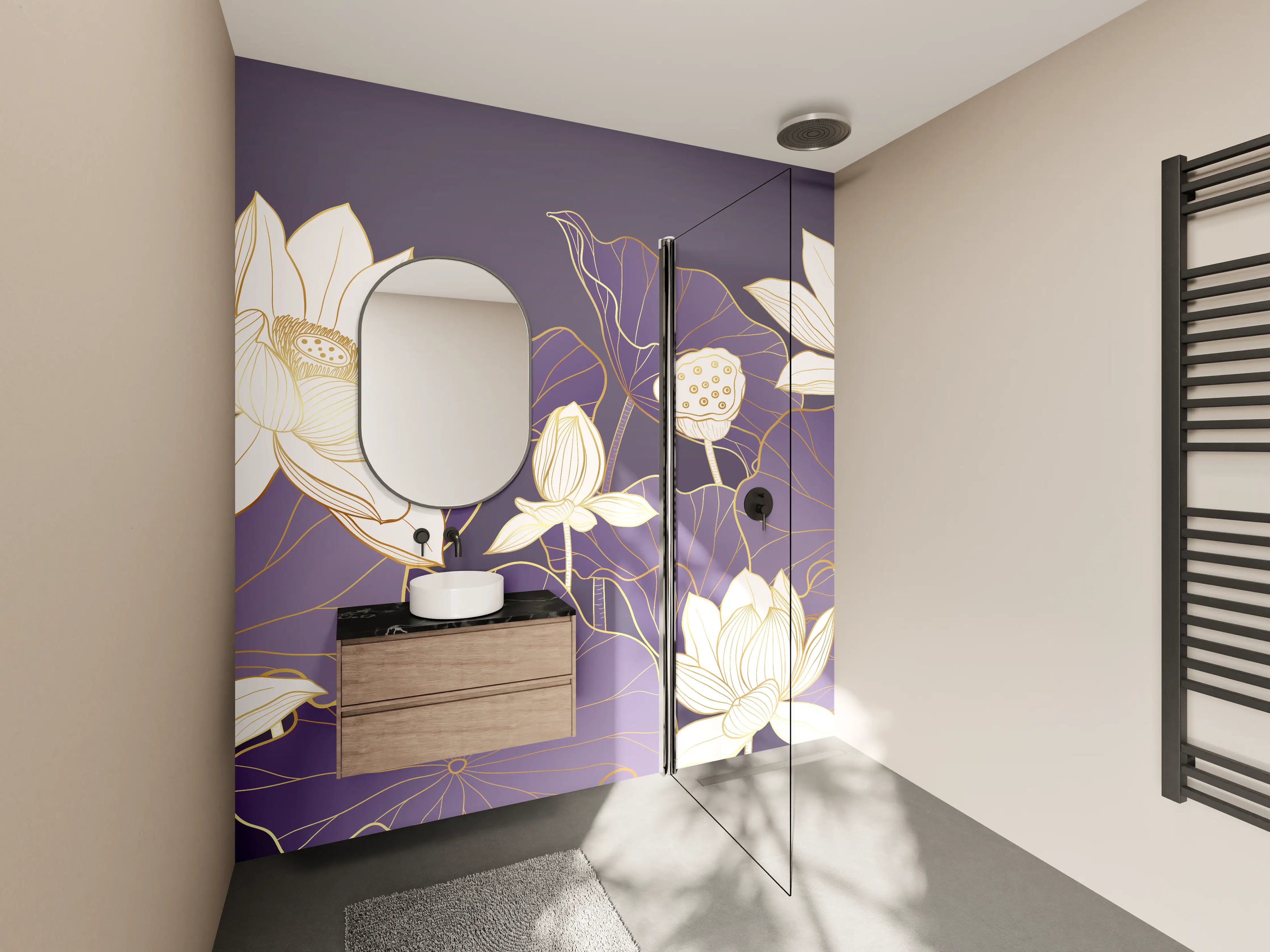 Wandverkleidung Bad - Elegante Lotusblumen in Weiß und Purpur