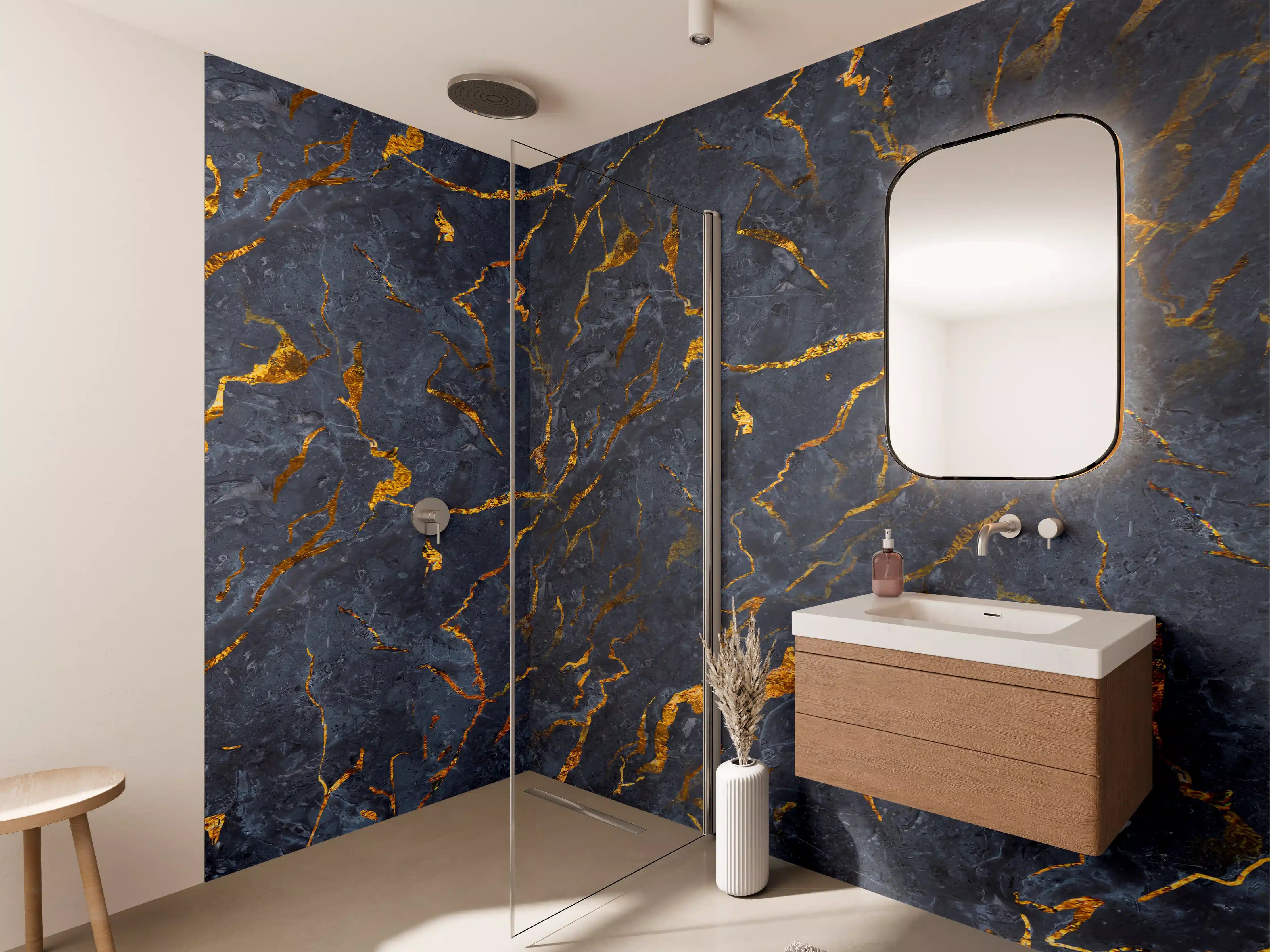 Wandverkleidung Bad - Elegante Marmor-Grau-Gold Akzente