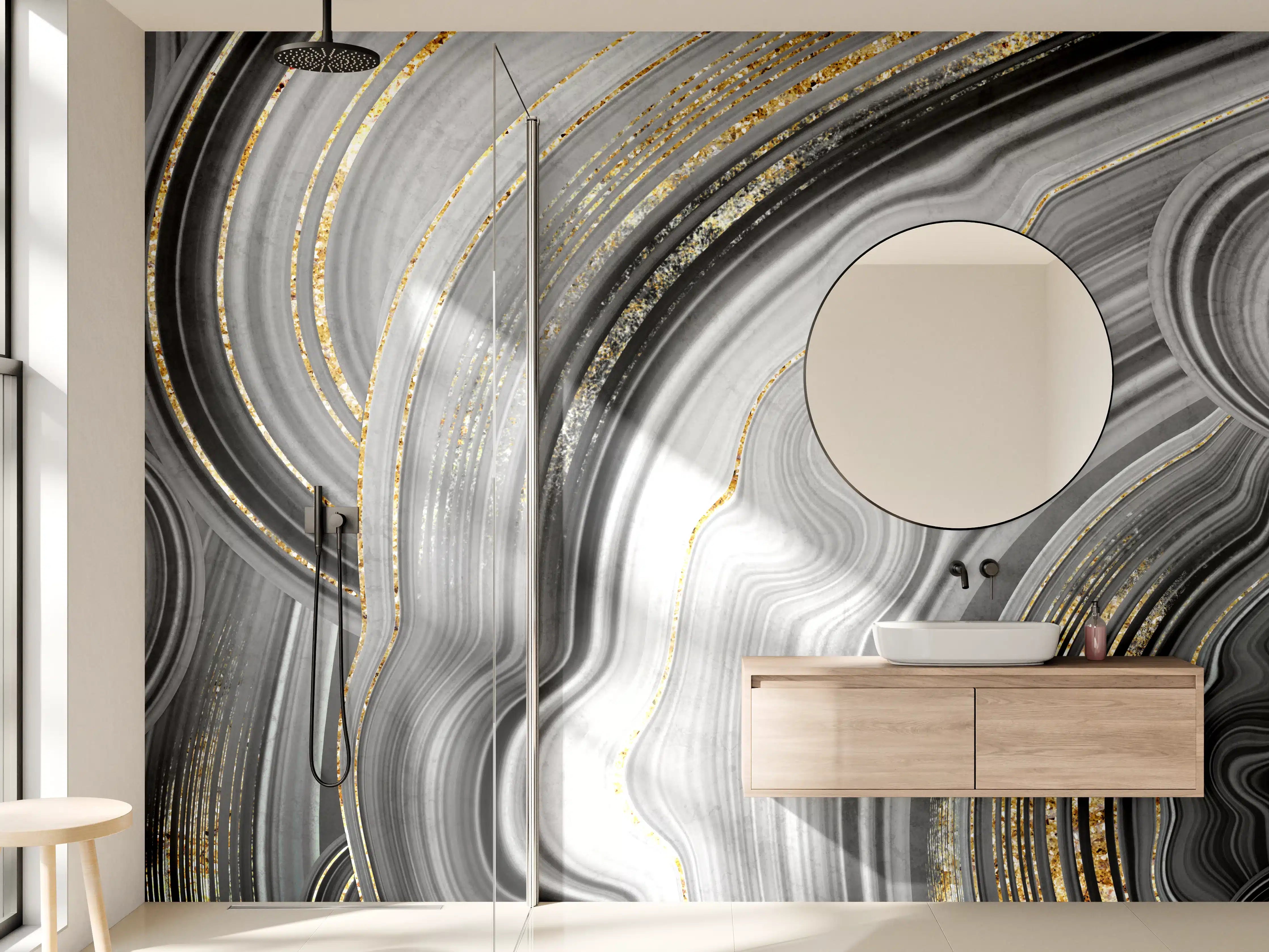 Wandverkleidung Bad - Elegante Schwarz-Gold-Grafik im Marble-Design