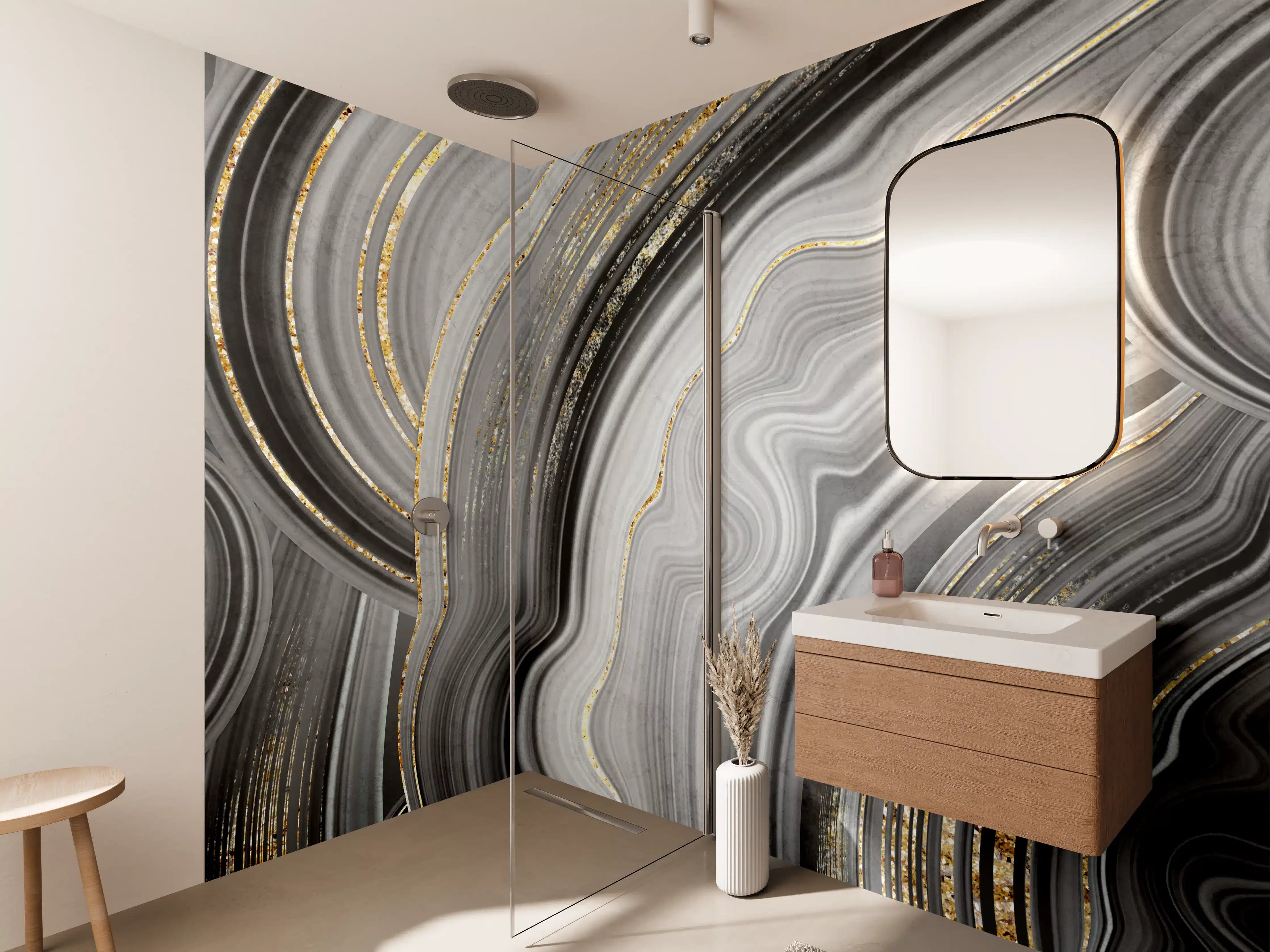 Wandverkleidung Bad - Elegante Schwarz-Gold-Grafik im Marble-Design