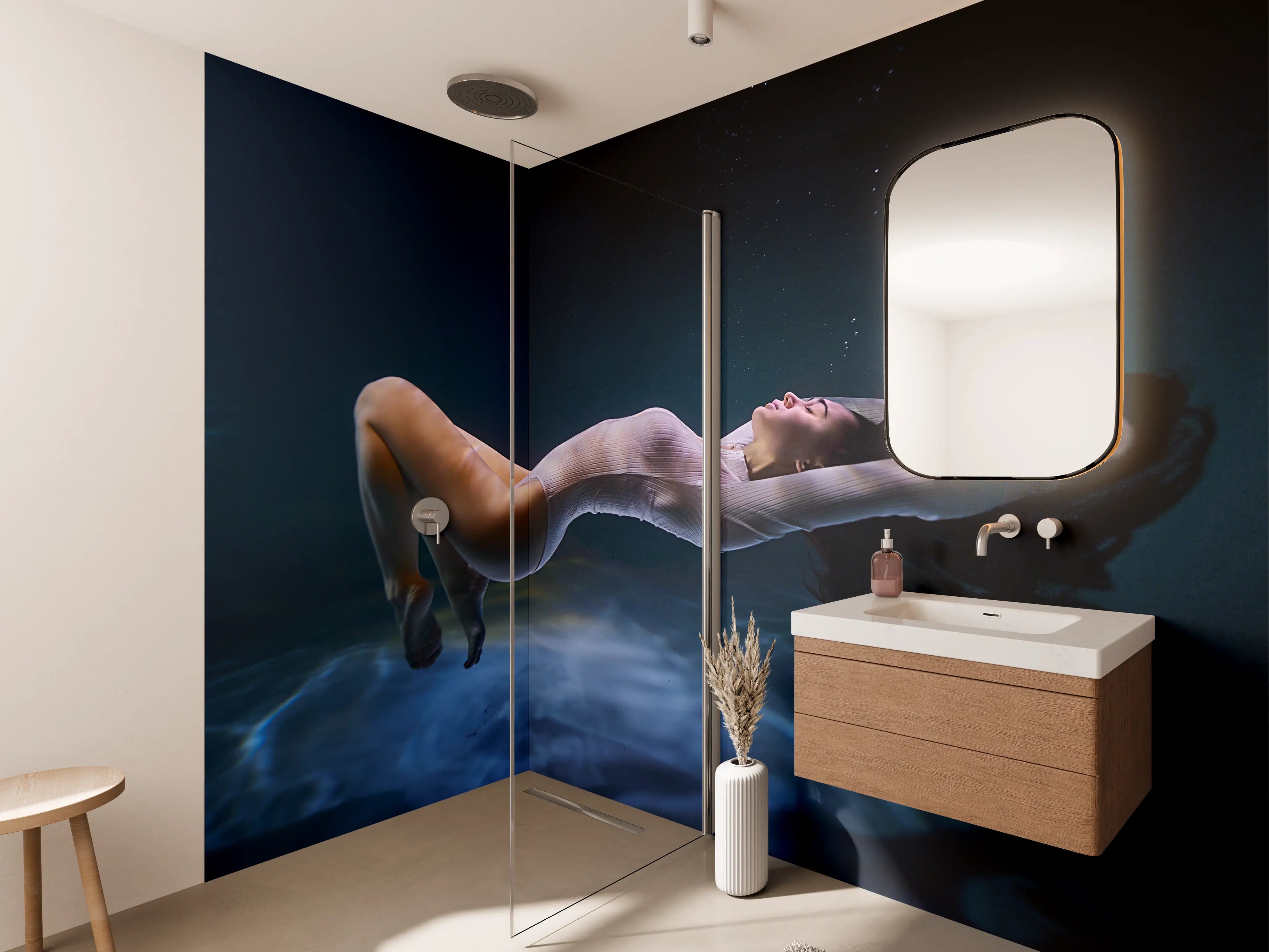 Wandverkleidung Bad - Elegante Unterwasser-Figur in Dunkelblau