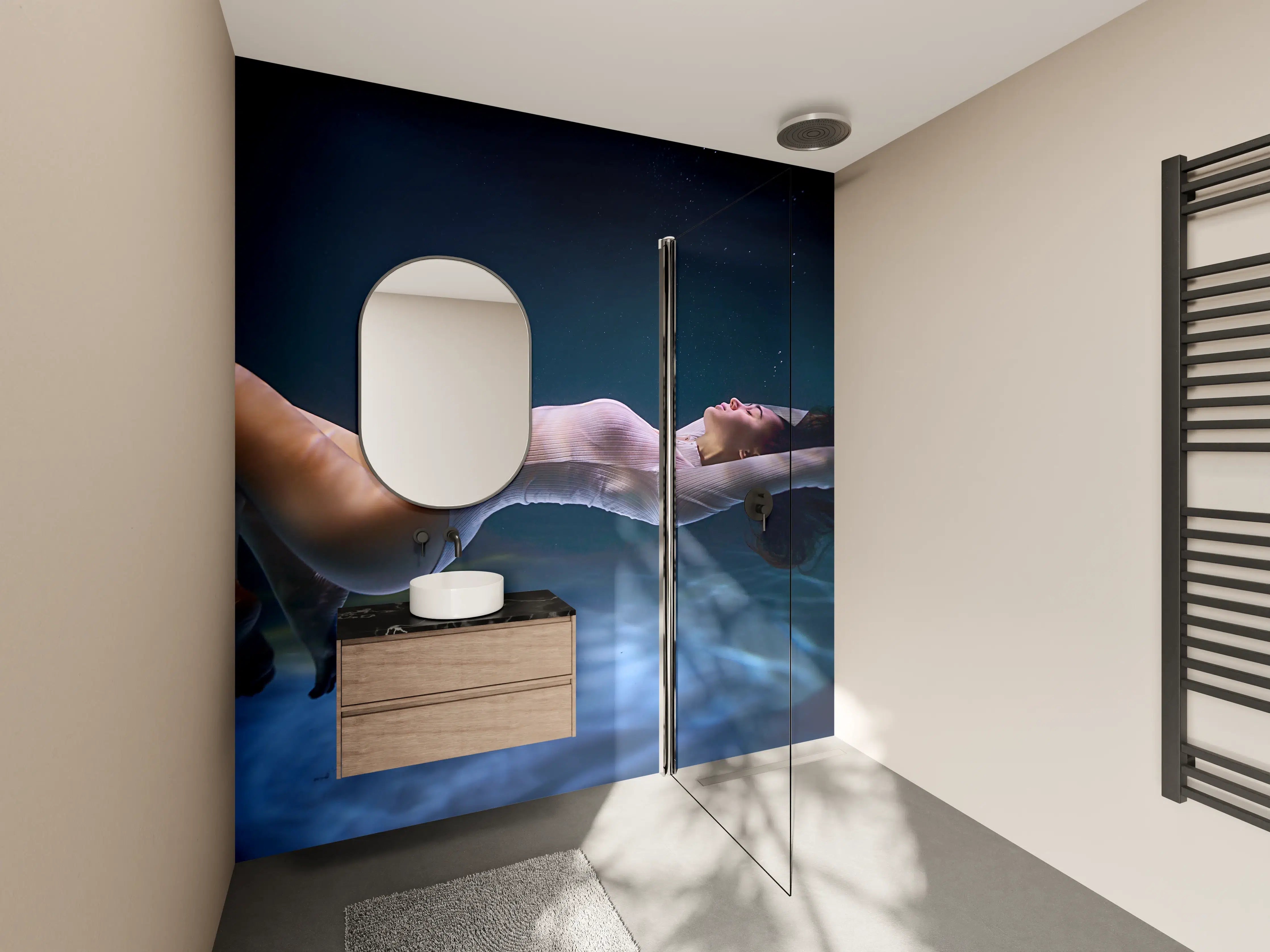 Wandverkleidung Bad - Elegante Unterwasser-Figur in Dunkelblau