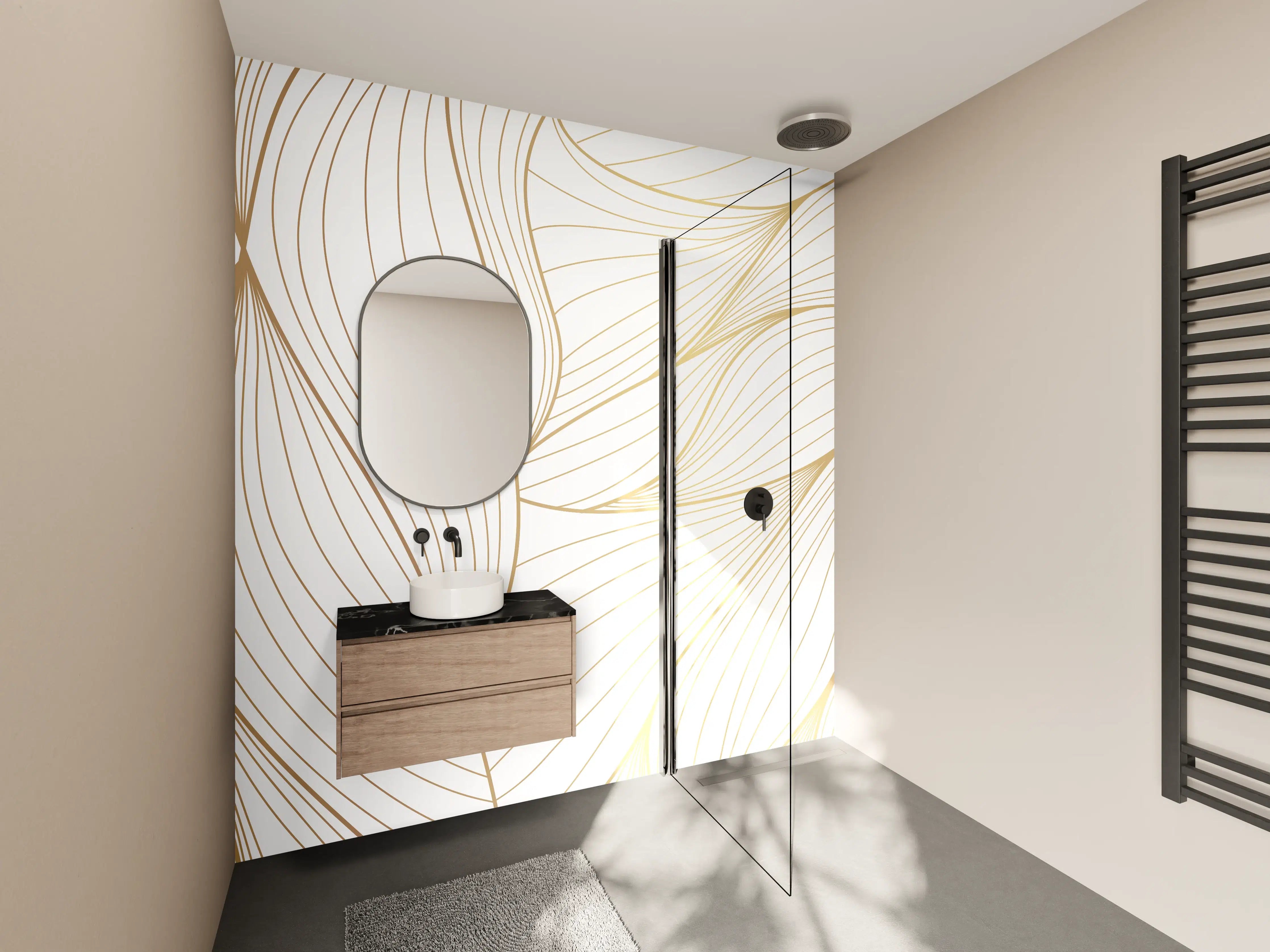 Wandverkleidung Bad - Elegante Weiß-Beige Wellenlinien