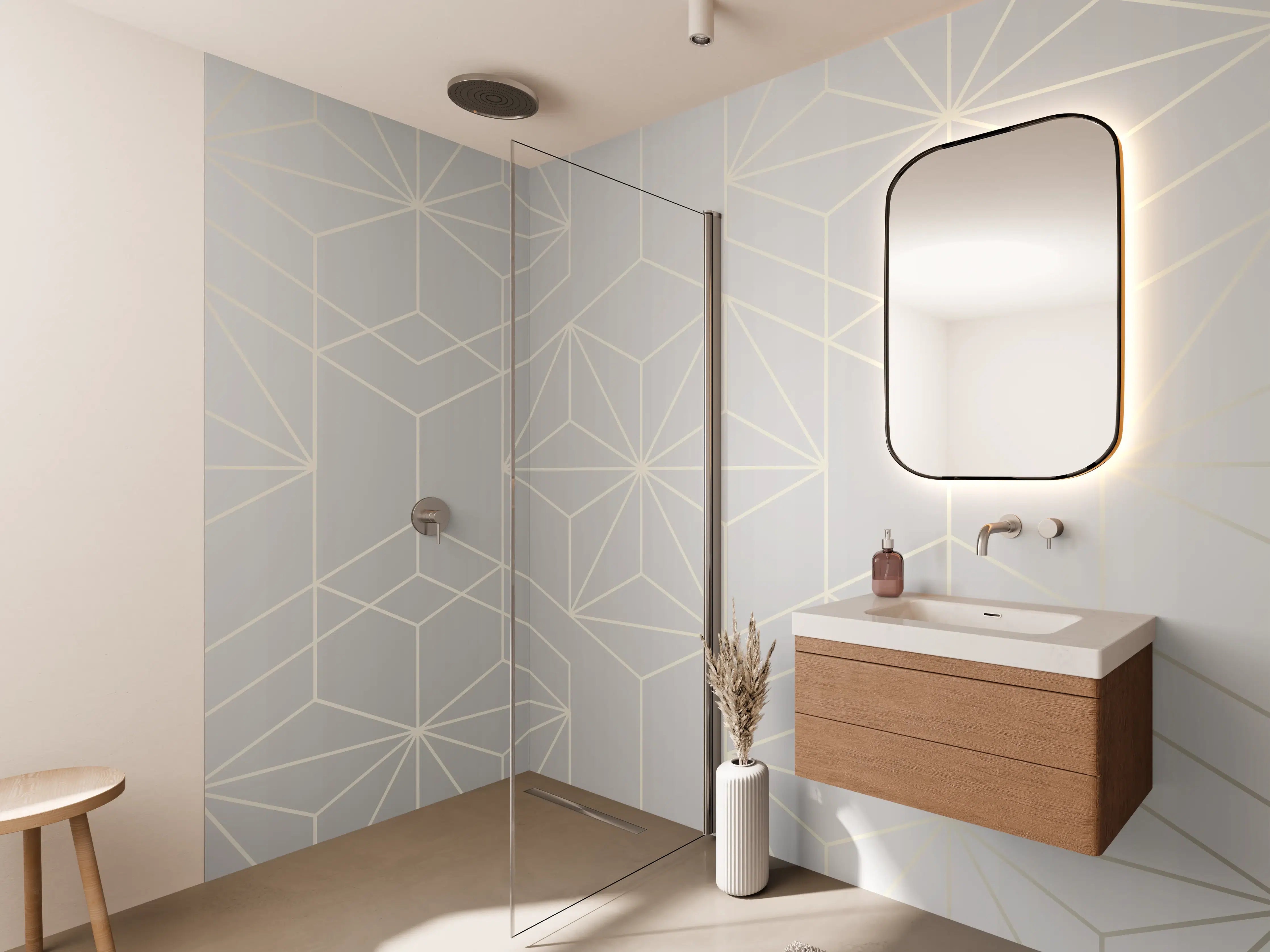 Wandverkleidung Bad - Elegante Weiß-Grau-Geometrie