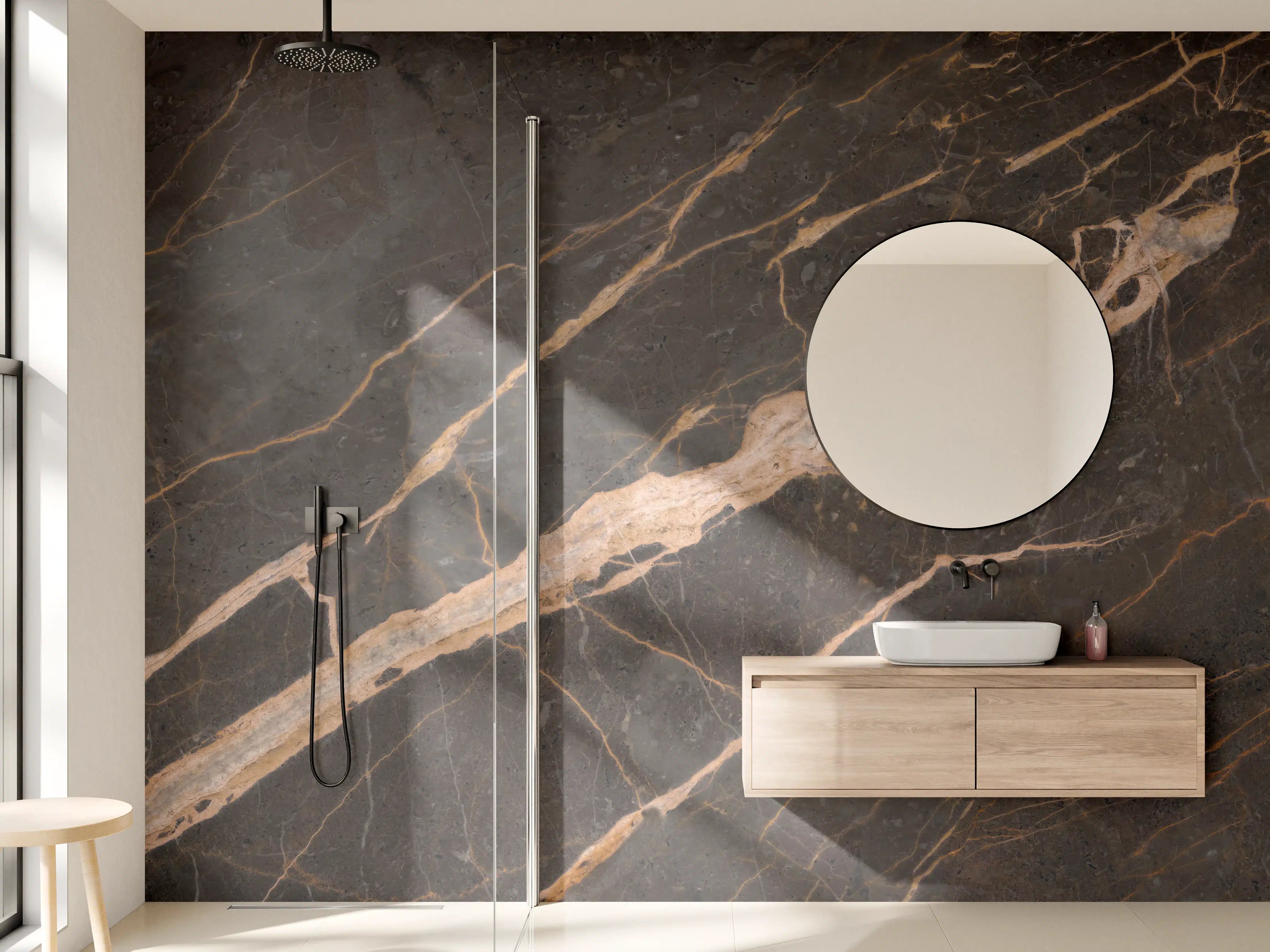 Wandverkleidung Bad - Elegante dunkle Marmor-Textur mit goldenen Adern