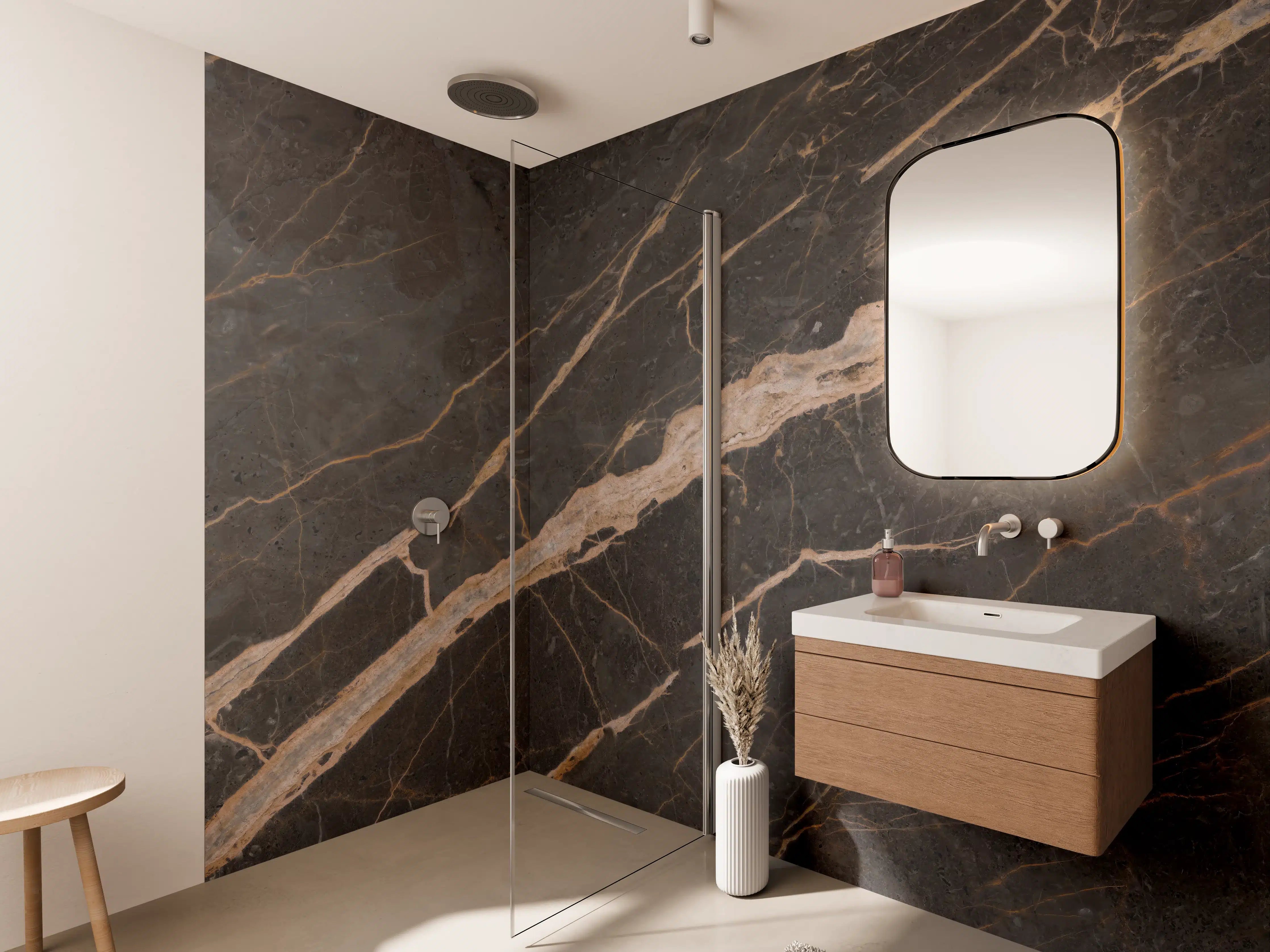 Wandverkleidung Bad - Elegante dunkle Marmor-Textur mit goldenen Adern