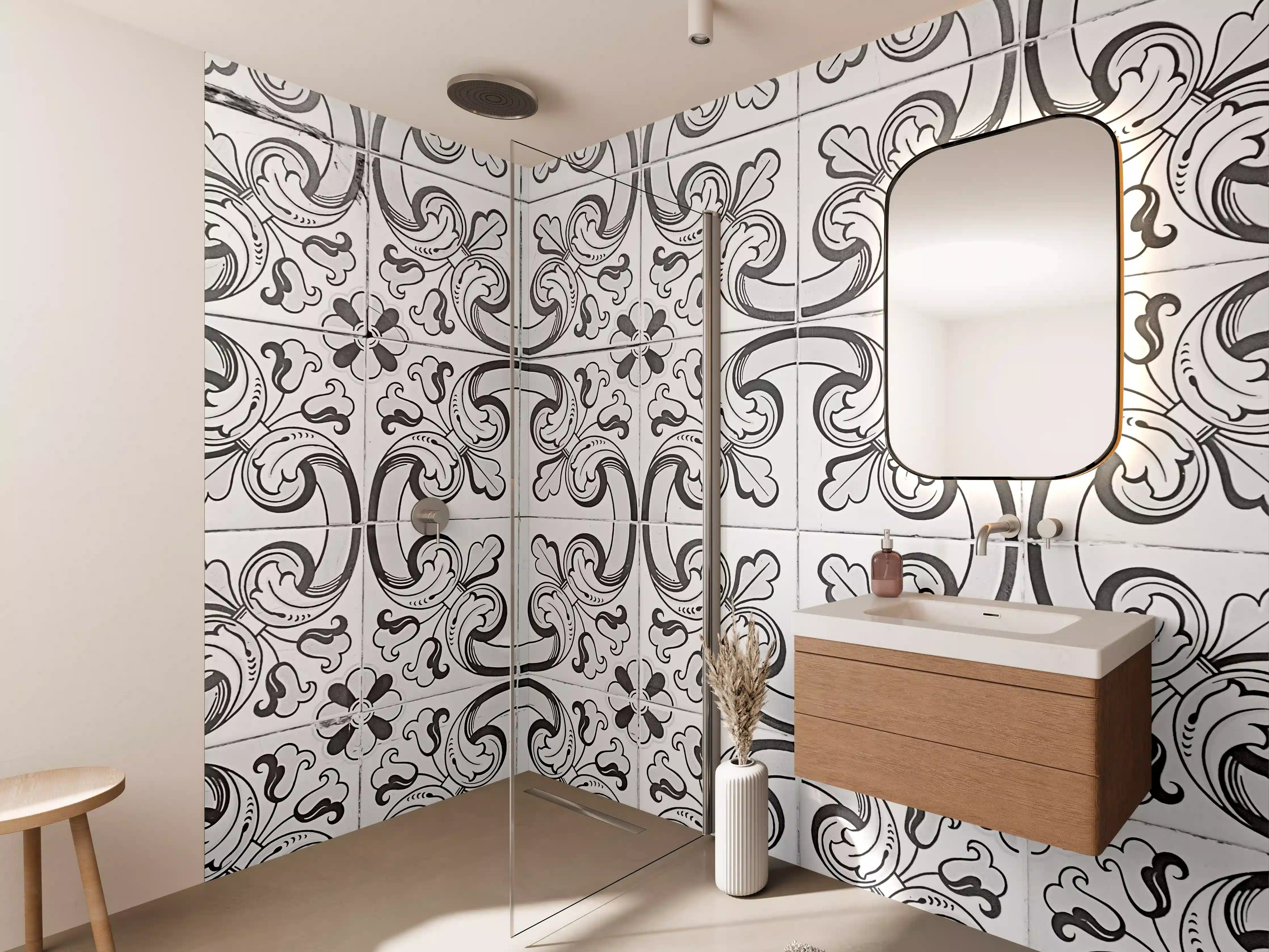 Wandverkleidung Bad - Elegante weiße Fliesen mit schwarzem Ornament