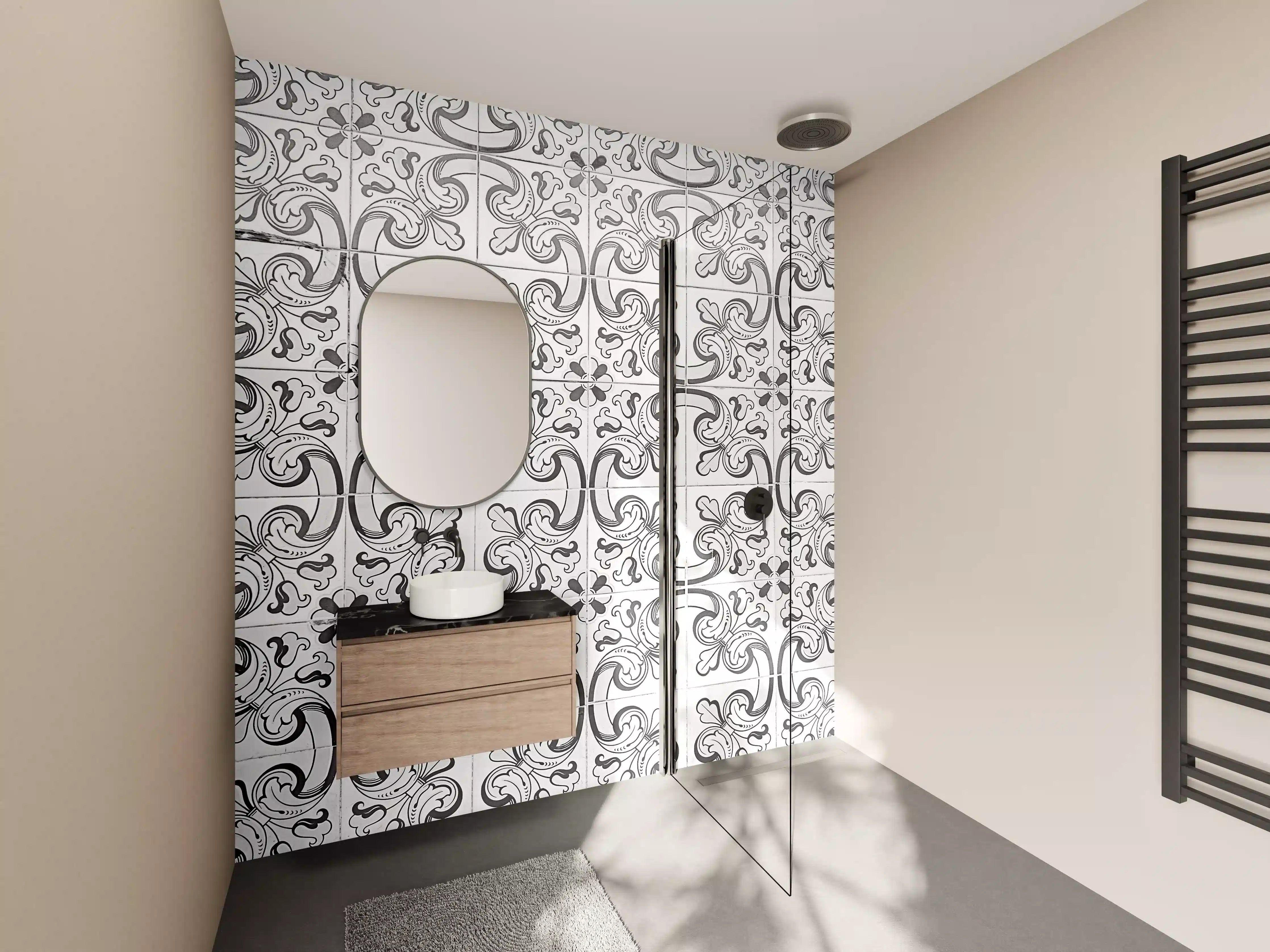 Wandverkleidung Bad - Elegante weiße Fliesen mit schwarzem Ornament