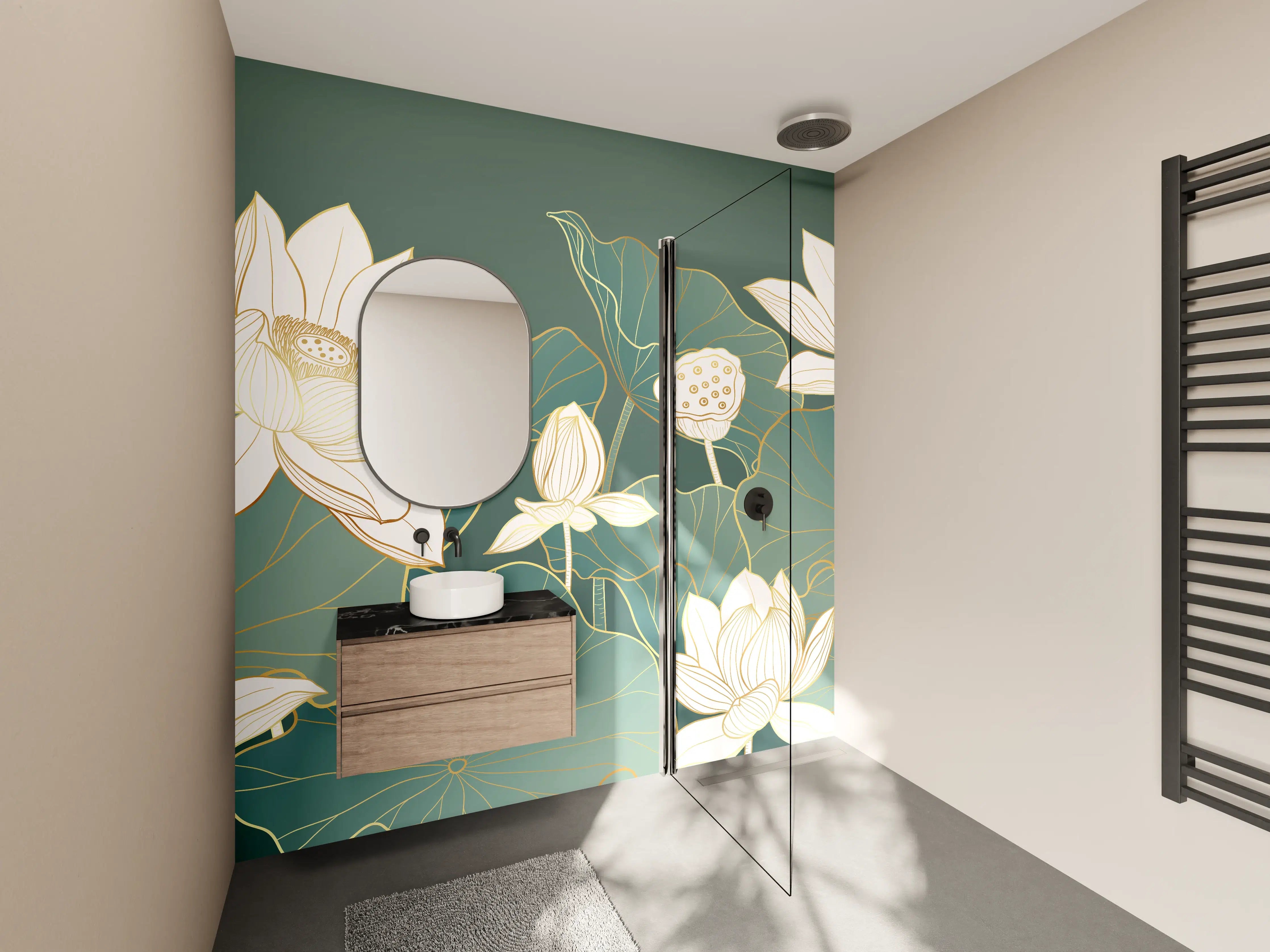 Wandverkleidung Bad - Elegante weiße Lotusblumen auf grünen Blättern