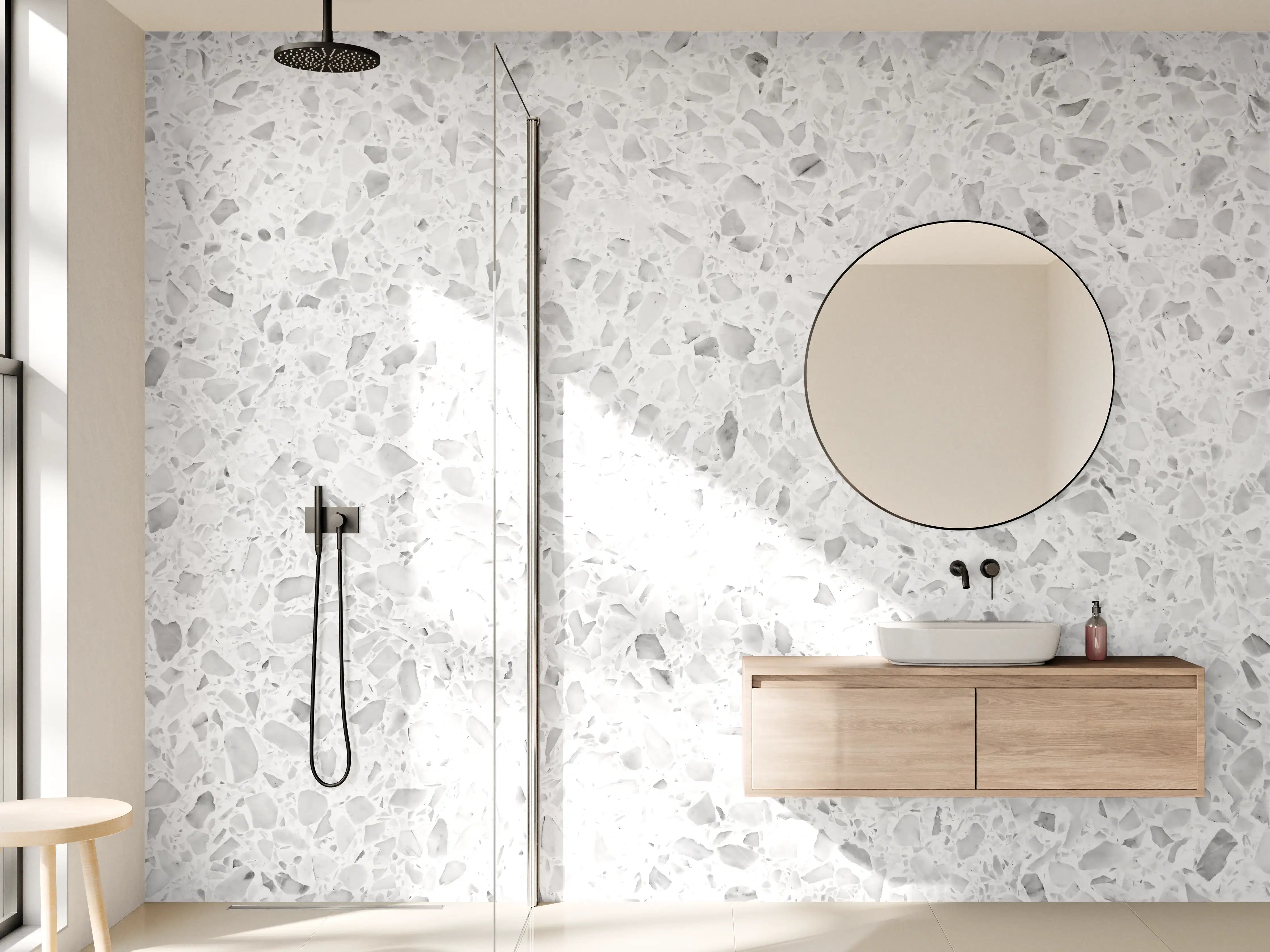 Wandverkleidung Bad - Eleganter Weiβ-Grau Terrazzo