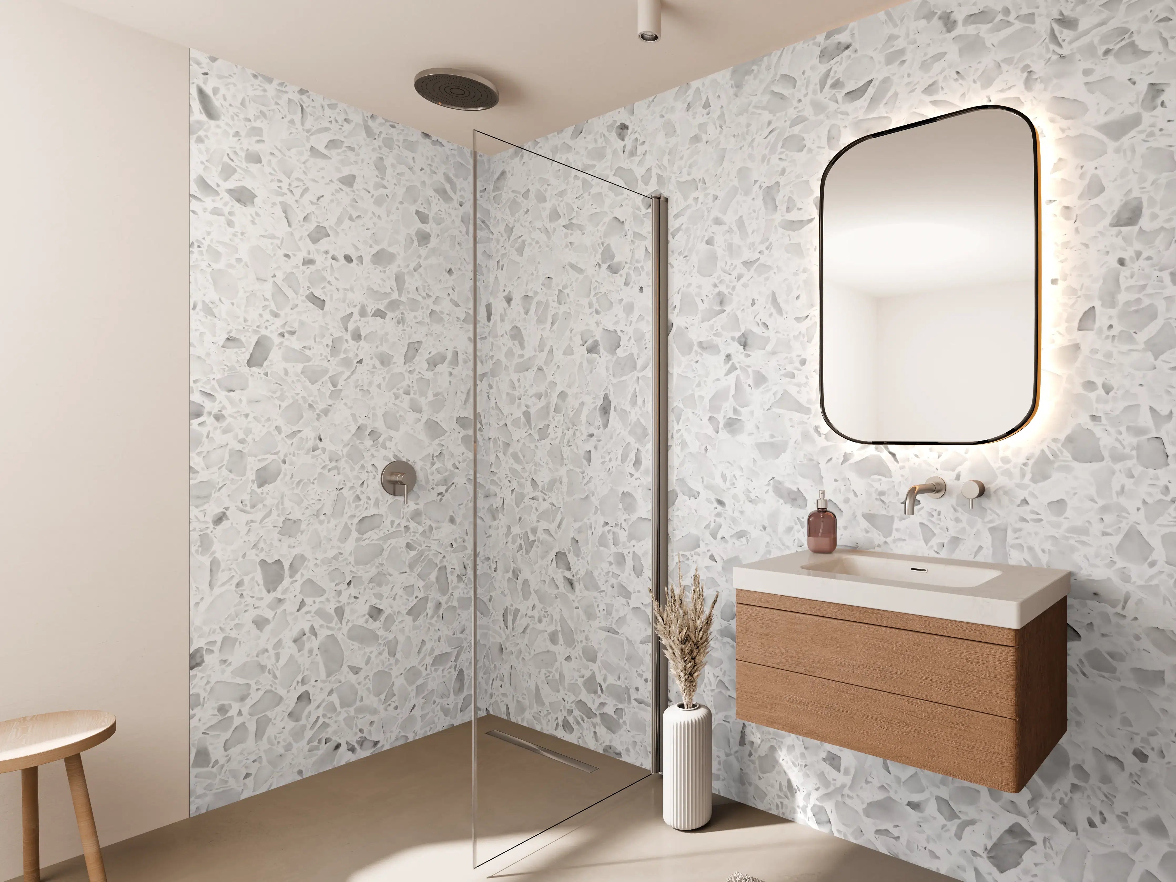 Wandverkleidung Bad - Eleganter Weiβ-Grau Terrazzo