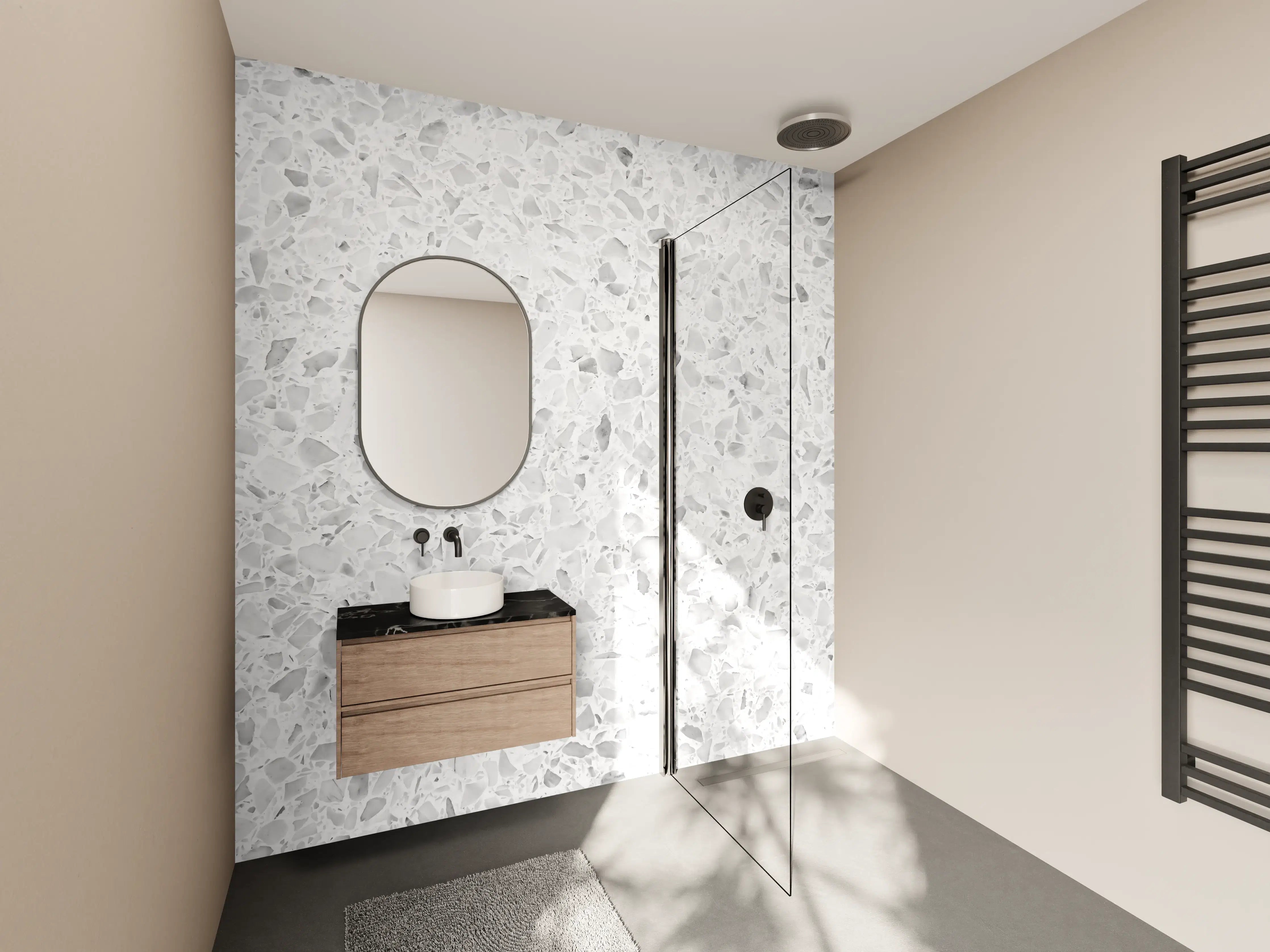 Wandverkleidung Bad - Eleganter Weiβ-Grau Terrazzo