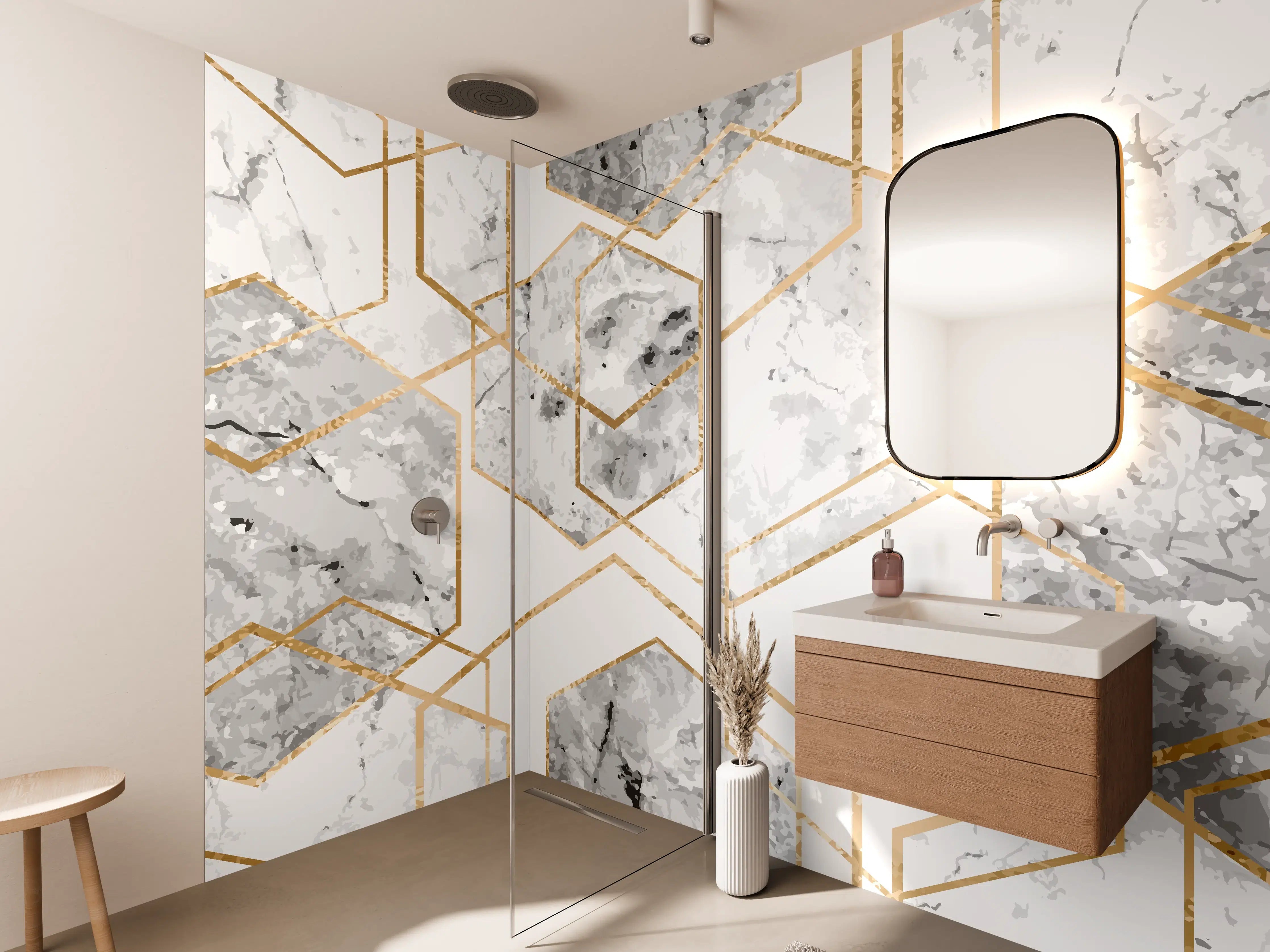 Wandverkleidung Bad - Eleganter Weiß-Gold Marmor-Look