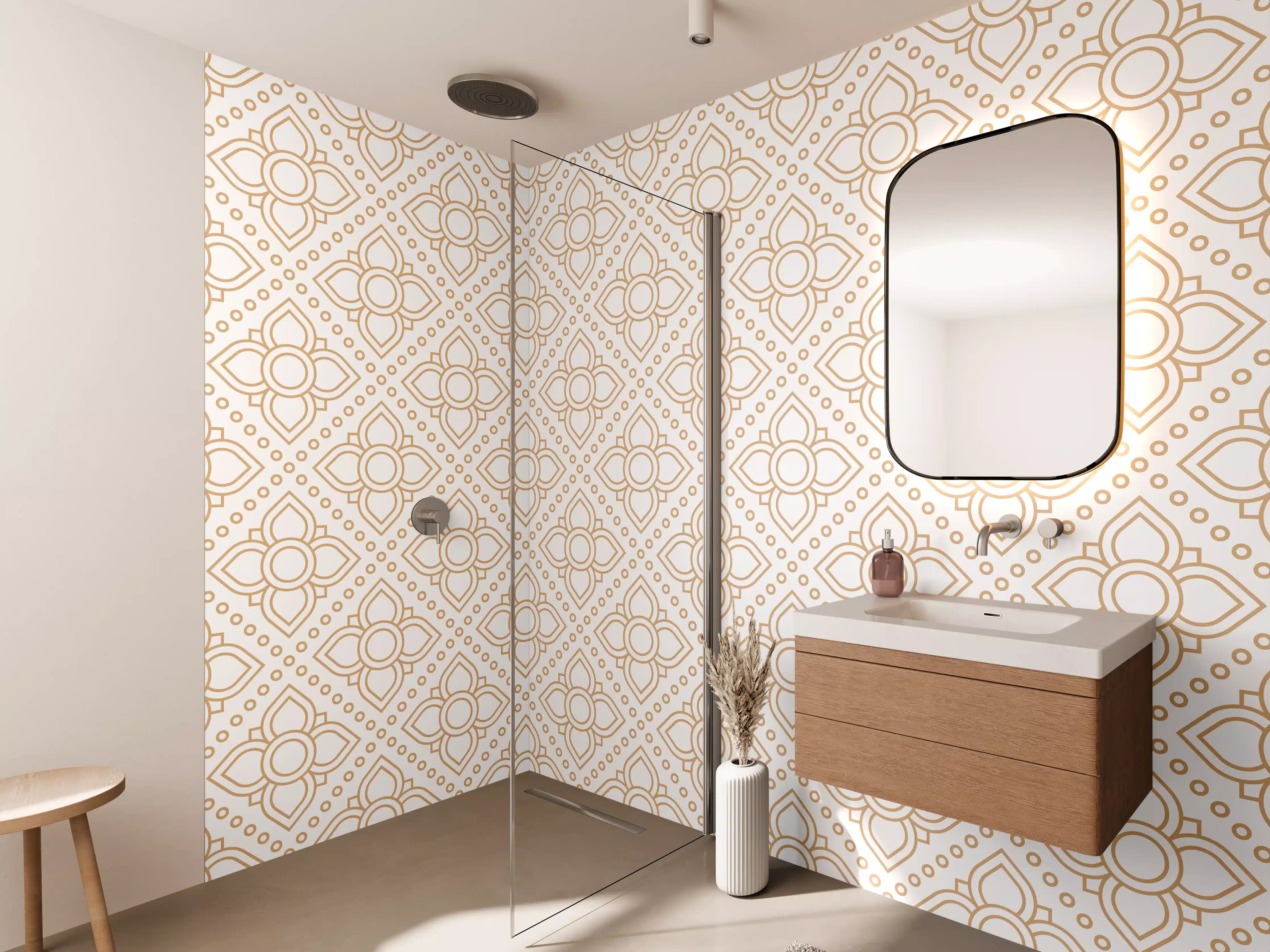 Wandverkleidung Bad - Elegantes Beige-Ornamentmuster mit Goldakzenten