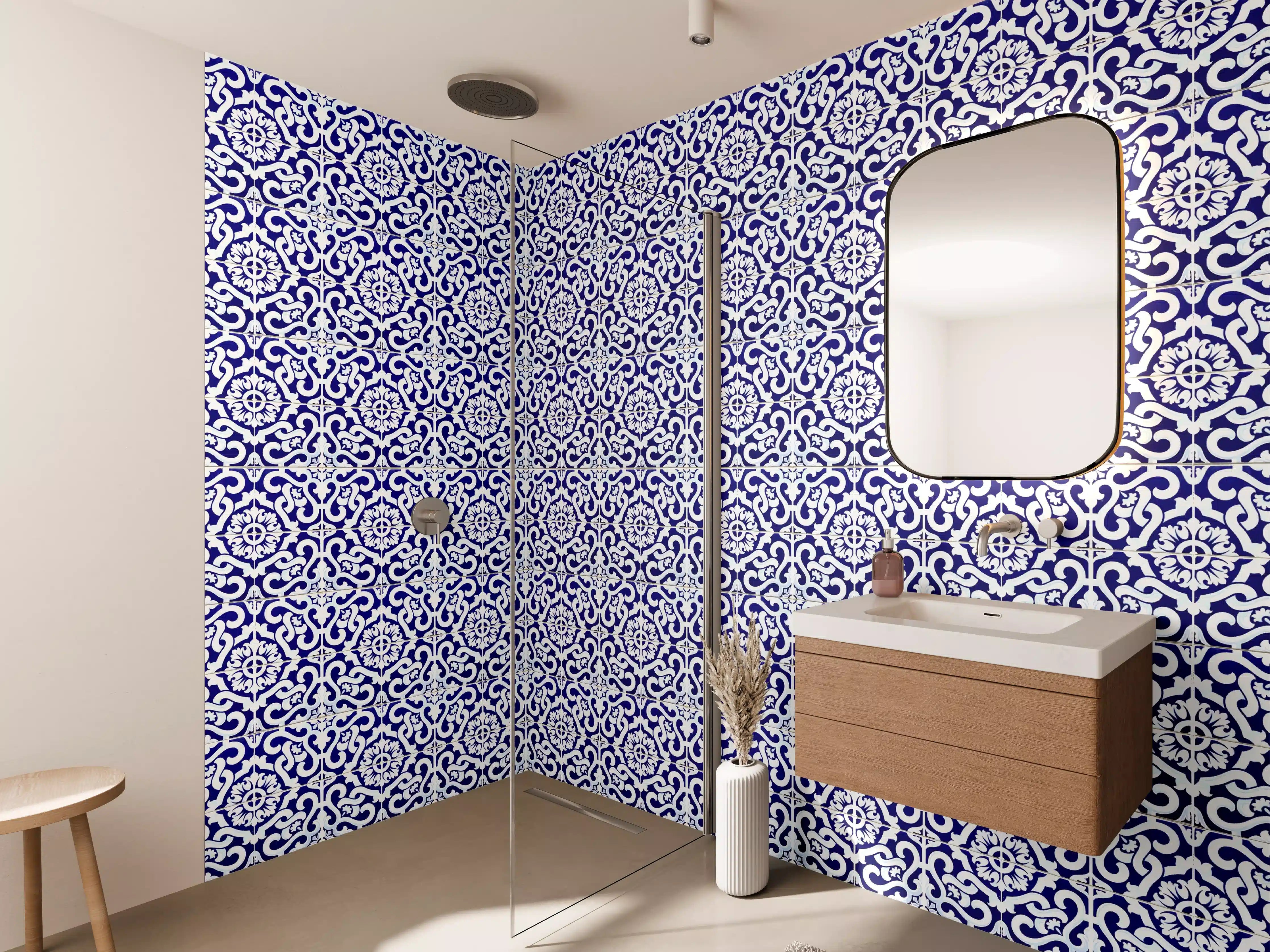 Wandverkleidung Bad - Elegantes Blau-Weiß mit Grautönen